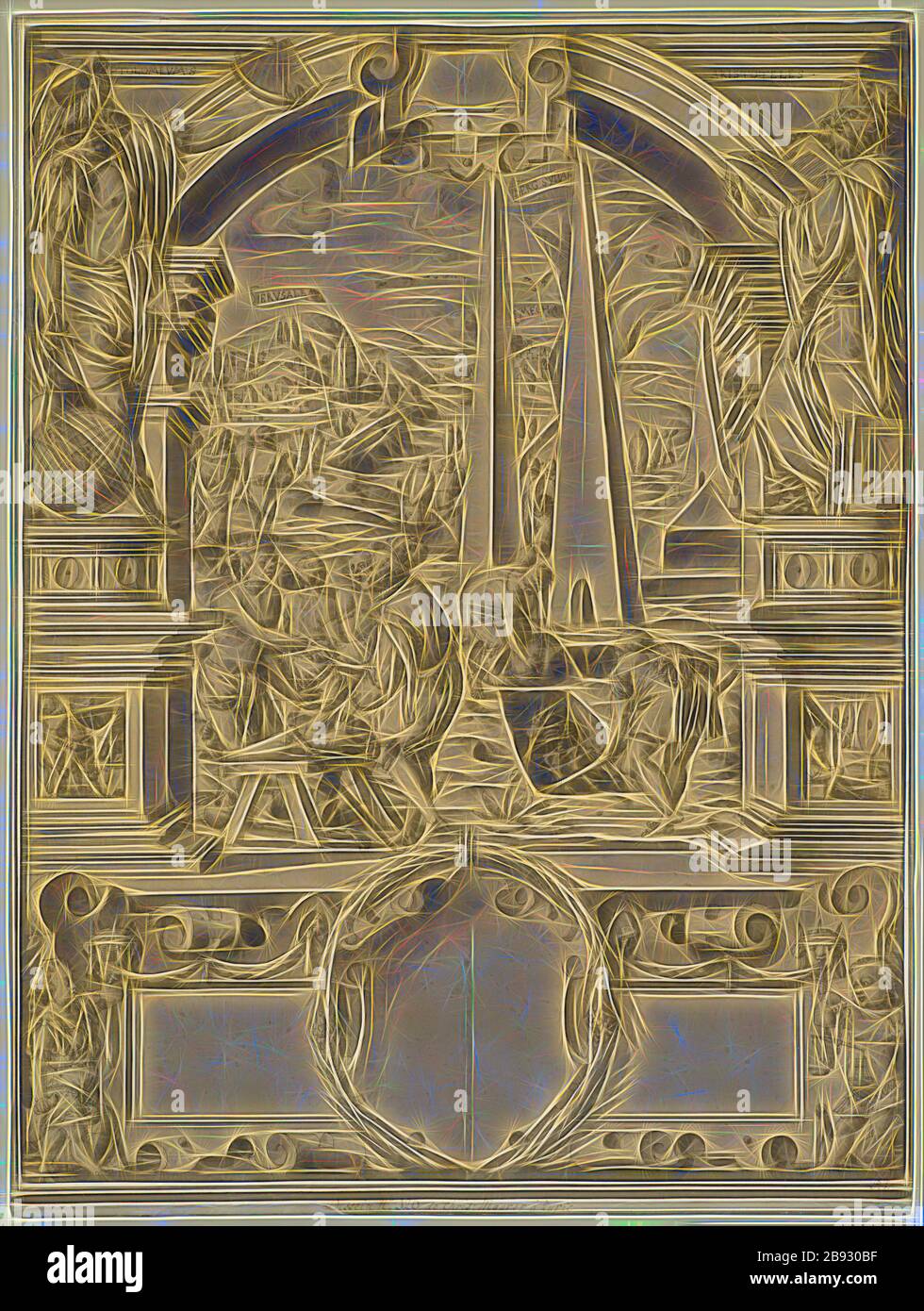 Rottura del disco con Leonhard Thurneysser in Oriente con l'acquisizione di mummie, fiancheggiata da Tolomeo e Aristotele, sotto la borchia bianca, c. 1579, penna in nero, lavata grigia, montata vecchia, folio: 64,1 x 49,2 cm, O. l., designata: PTOLOMEVE [M barrata fuori], o. r .: ARISTOTELES, in nastri di scrittura nel paesaggio: IERVSALEM, MOUNTAIN SŸNAI, MECHA, Christoph Murer, Zürich 1558–1614 Winterthur, Reimagined by Gibon, design di calore allegro di luminosità e raggi di luce radianza. Arte classica reinventata con un tocco moderno. Fotografia ispirata al futurismo, che abbraccia l'energia dinamica del moderno Foto Stock