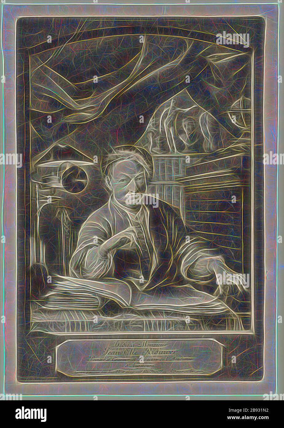 Autoritratto di Johann Elias Ridinger sul tavolo da disegno, 1767, mezzotint (scrawp), foglio: 42 x 29,3 cm |, piatto: 39,4 x 26,9 cm, inscritto sotto: Dédié à Monsieur, Jean Elie Ridinger, Peintre et incisore e direttore dell'Académie, d'Augsburg., Gravé par son Humble et obéissant fils Jean Jaq., Ridinger, ., on., 1767, ., et al.: Jean Elie Ridinger inv. Et del., Johann Elias Ridinger, inventore, Ulm 1698–1767 Augsburg, Johann Jakob Ridinger, Kuferstecher, Augsburg 1736–1784 Augsburg, Reimagined by Gibon, disegno di calore allegro di luminosità e raggi di luce radianza. Arte classica re Foto Stock