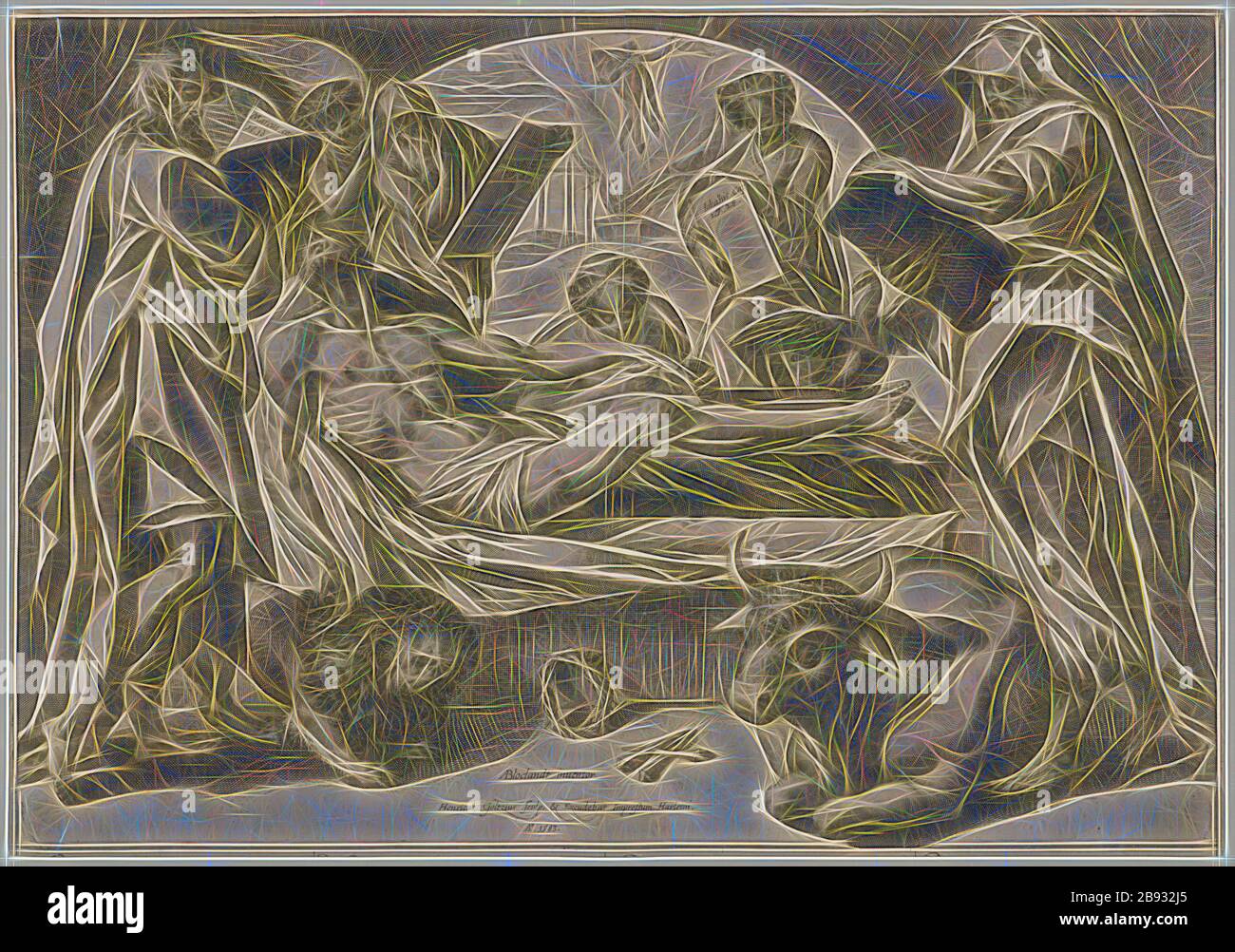 Il cadavere di Cristo e i quattro Evangelisti, 1583, copperplate, foglio: 31 x 44,7 cm, U. M. inscritto e datato: ABloclandt [AB lig.] Inuentor., Henricus Goltzius sculp, Hendrick Goltzius, Stecher, Verleger, Mühlbrecht 1558–1617 Haarlem, Anthonie Blocklandt, Inventor, Montfoort 1533/34-1583 Utrecht, Reimagined by Gibon, design di caldo e allegro bagliore di luminosità e raggi di luce. Arte classica reinventata con un tocco moderno. La fotografia ispirata al futurismo, che abbraccia l'energia dinamica della tecnologia moderna, del movimento, della velocità e rivoluziona la cultura. Foto Stock