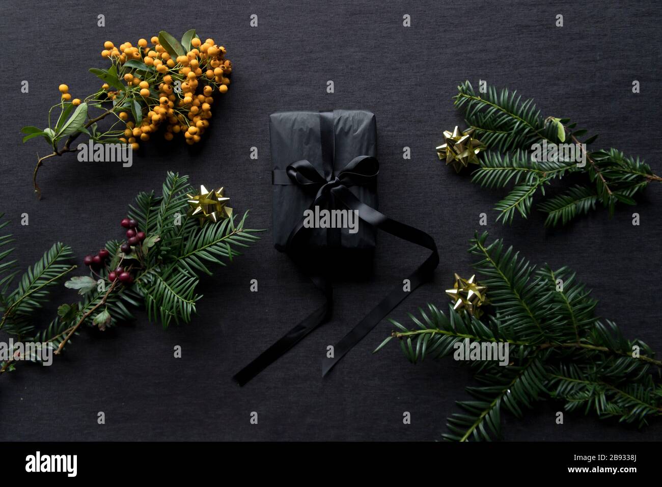 Avvolto Natale presenta piatto Lay con verde Foliage Foto Stock