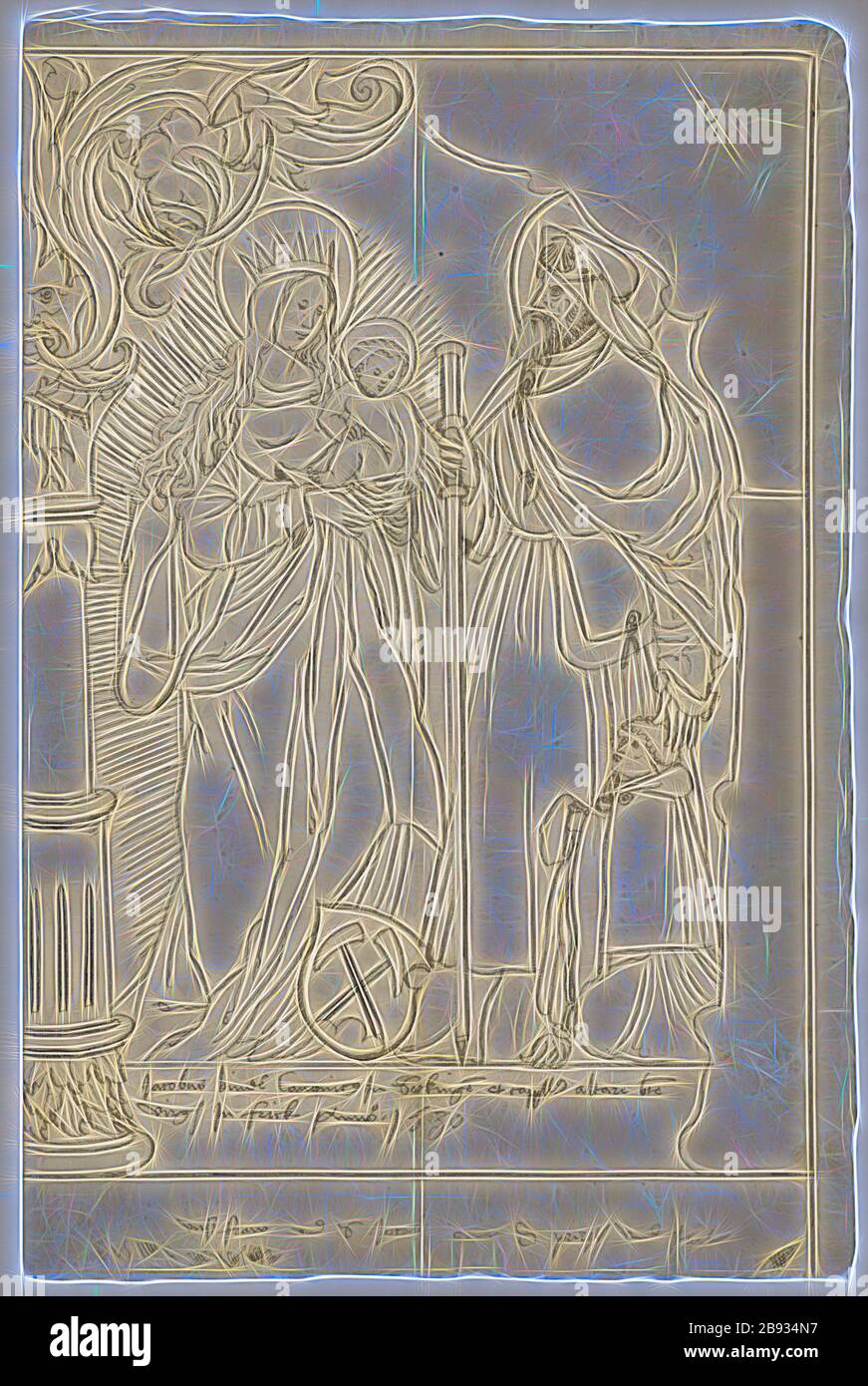 Lacerazione a fettine con Maria e bambino, hl., Jakobus maggiore e donatore inginocchiato, sotto lo stemma Bind, 1530, penna in nero, disegno preliminare con matita nera, foglio: 32,5 x 21,5 cm |, immagine: 29,2 x 20,4 cm, U. inscritti nel cartouche: jacobus lega canonicus jn Sackinge et cappl ... gv frick ... 1530, compresi: Vnsz fraw e jacob ..., Anonym, Schweiz, 1. Hälfte 16. JH., Reimagined by Gibon, design di calore allegro di luminosità e raggi di luce radianza. Arte classica reinventata con un tocco moderno. Fotografia ispirata al futurismo, che abbraccia l'energia dinamica della tecnologia moderna, mov Foto Stock