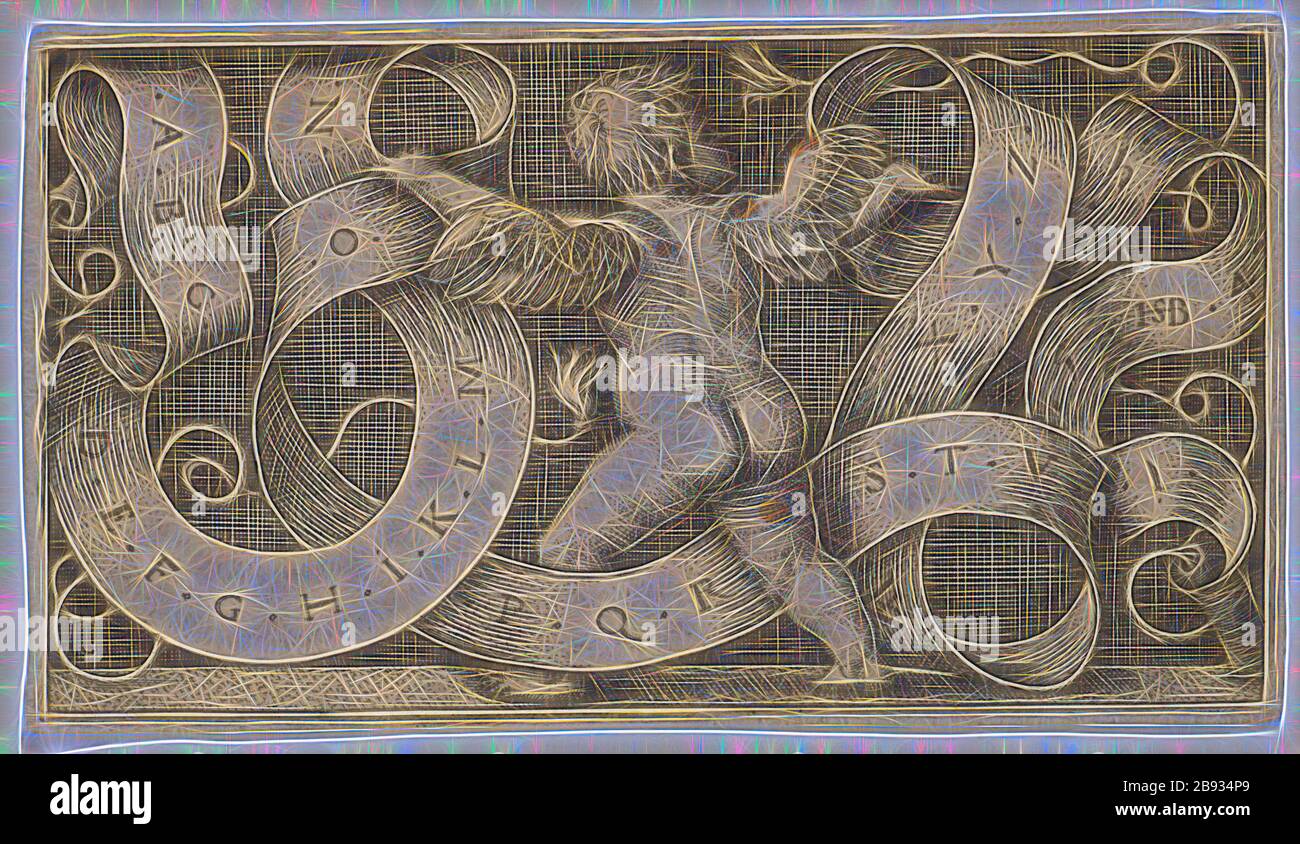 Il Genius con l'Alphabet, 1542, copperplate, foglio: 4.6 x 8.2 cm |, piatto: 4.3 x 7.8 cm, inscritto, datato e monogramma nel banner: A.B.C, .D.E.F.G.H.I.J.K.L.M., .N., .O., .P. QC S.T.V., .X. Y.T.1., .5.HSB [ligated] .4., .2., Sebald Beham, Nürnberg 1500–1550 Frankfurt a.M., Reimagined by Gibon, design of warm cheerful incandescente of brightness and light radiance. Arte classica reinventata con un tocco moderno. La fotografia ispirata al futurismo, che abbraccia l'energia dinamica della tecnologia moderna, del movimento, della velocità e rivoluziona la cultura. Foto Stock