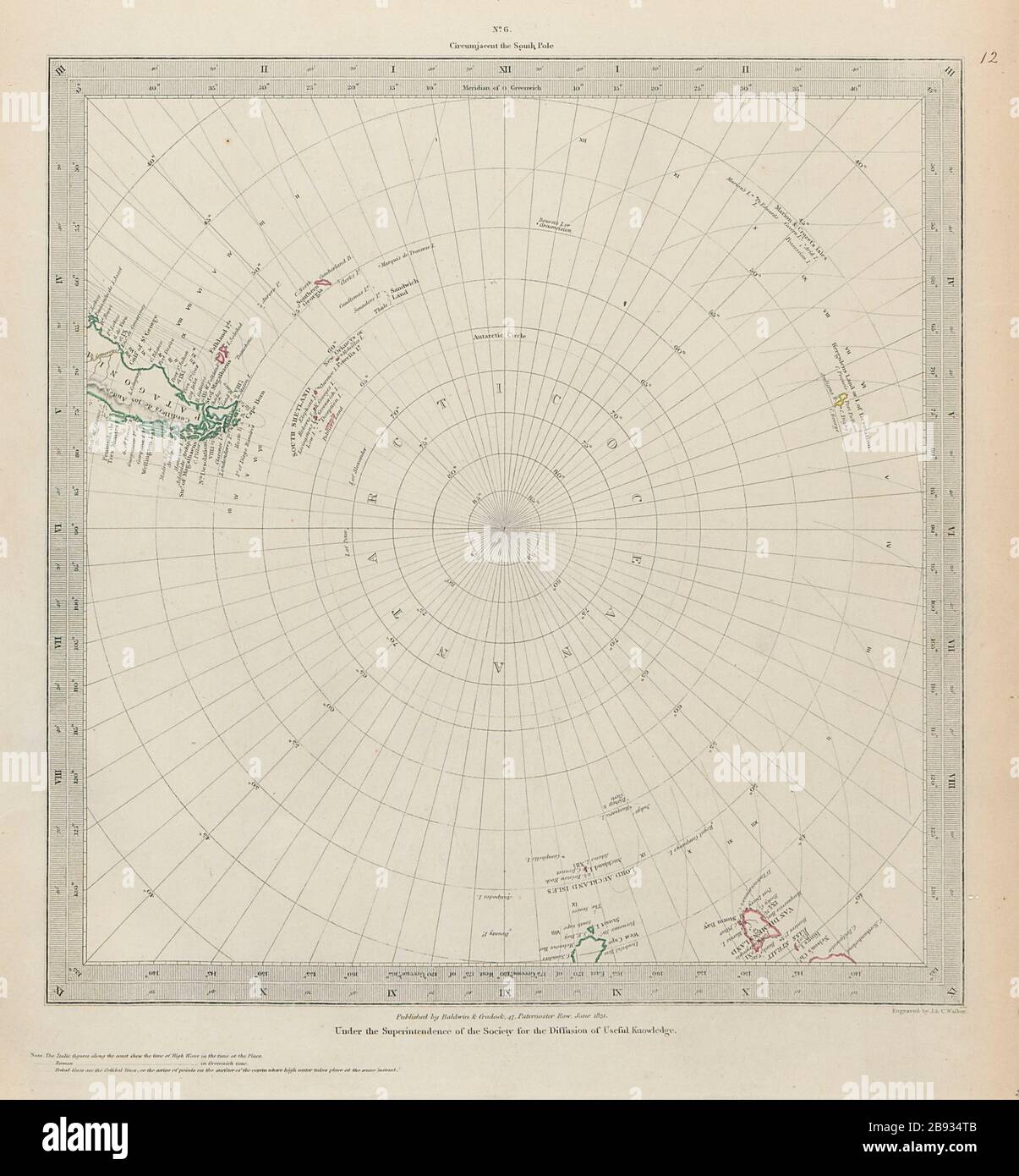 LATITUDINI MERIDIONALI PALO ANTARTICO Patagonia Tasmania SDUK 1844 vecchia mappa antica Foto Stock