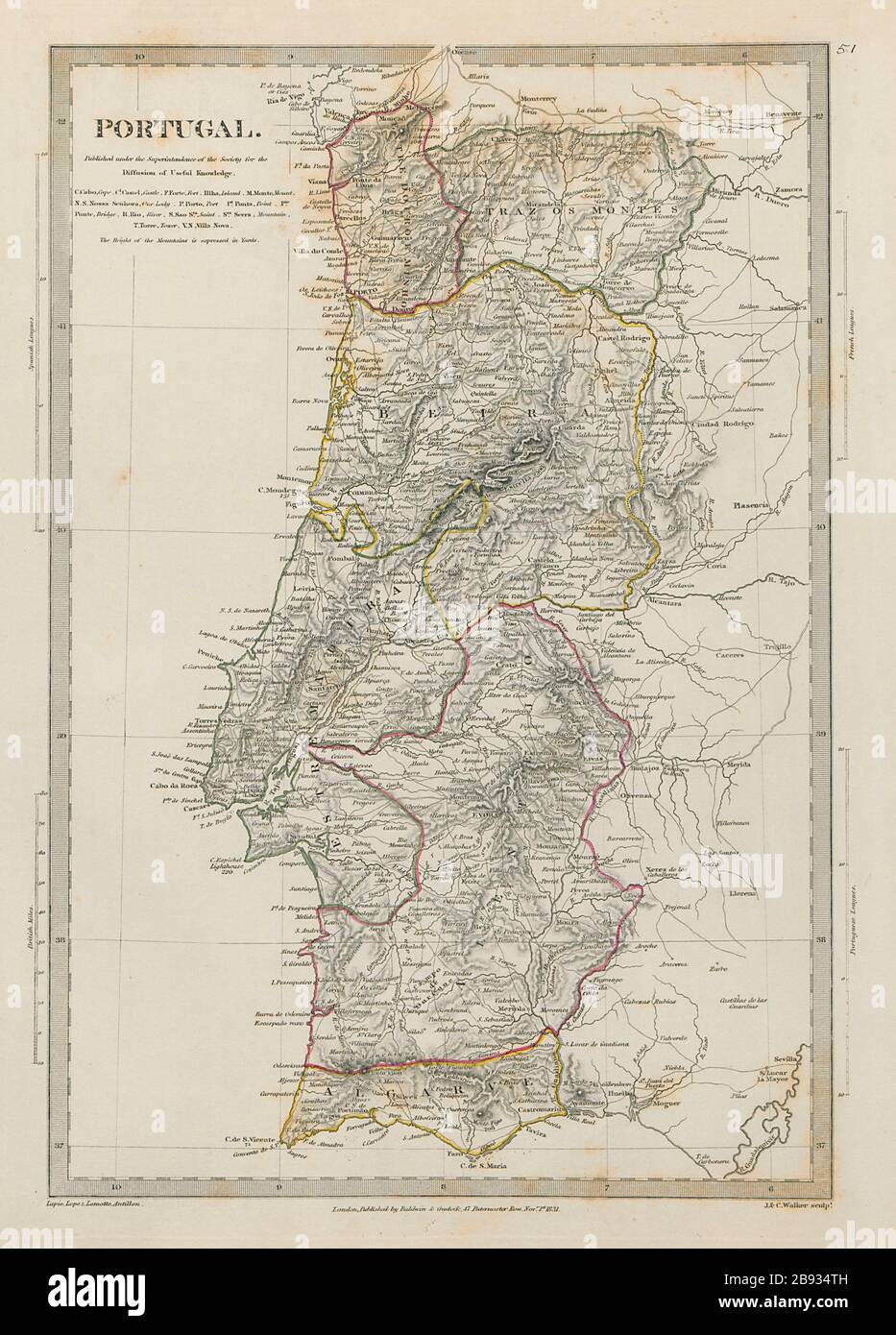 PORTOGALLO Algarve Alentejo Estremadura Beira Traz os Montes SDUK 1844 vecchia mappa Foto Stock