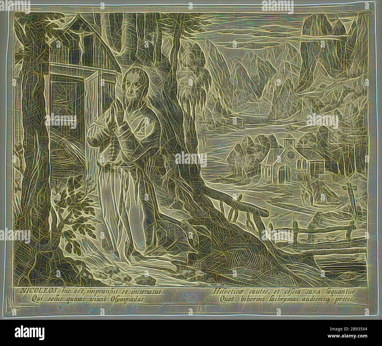 Johannes Sadeler, Netherlandish, 1550-1600, dopo Marten de Vos, Netherlandish, 1532-1603, Nicoleos, ca. 1594, incisione stampata in inchiostro nero su carta posata, lastra: 6 1/2 × 7 3/4 pollici (16,5 × 19,7 cm), Reimagined by Gibon, disegno di calda luce allegra di luminosità e raggi di luce radianza. Arte classica reinventata con un tocco moderno. La fotografia ispirata al futurismo, che abbraccia l'energia dinamica della tecnologia moderna, del movimento, della velocità e rivoluziona la cultura. Foto Stock