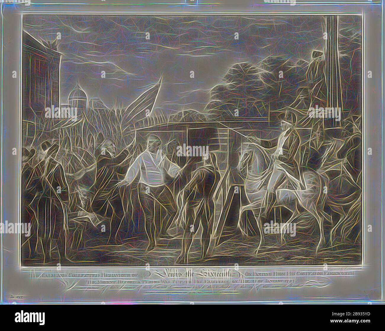 Luigi Schiavonetti, italiano, 1765-1810, dopo Carlo Benazeck, inglese, 1767-1794, Luigi XVI Ascendente l'impalcatura, ca. 1795, incisione stampata in inchiostro nero su carta wove, immagine: 44,8 × 61 cm 17 5/8 ×, reimmaginata da Gibon, disegno di calda luce allegra di luminosità e raggi di luce radianza. Arte classica reinventata con un tocco moderno. La fotografia ispirata al futurismo, che abbraccia l'energia dinamica della tecnologia moderna, del movimento, della velocità e rivoluziona la cultura. Foto Stock