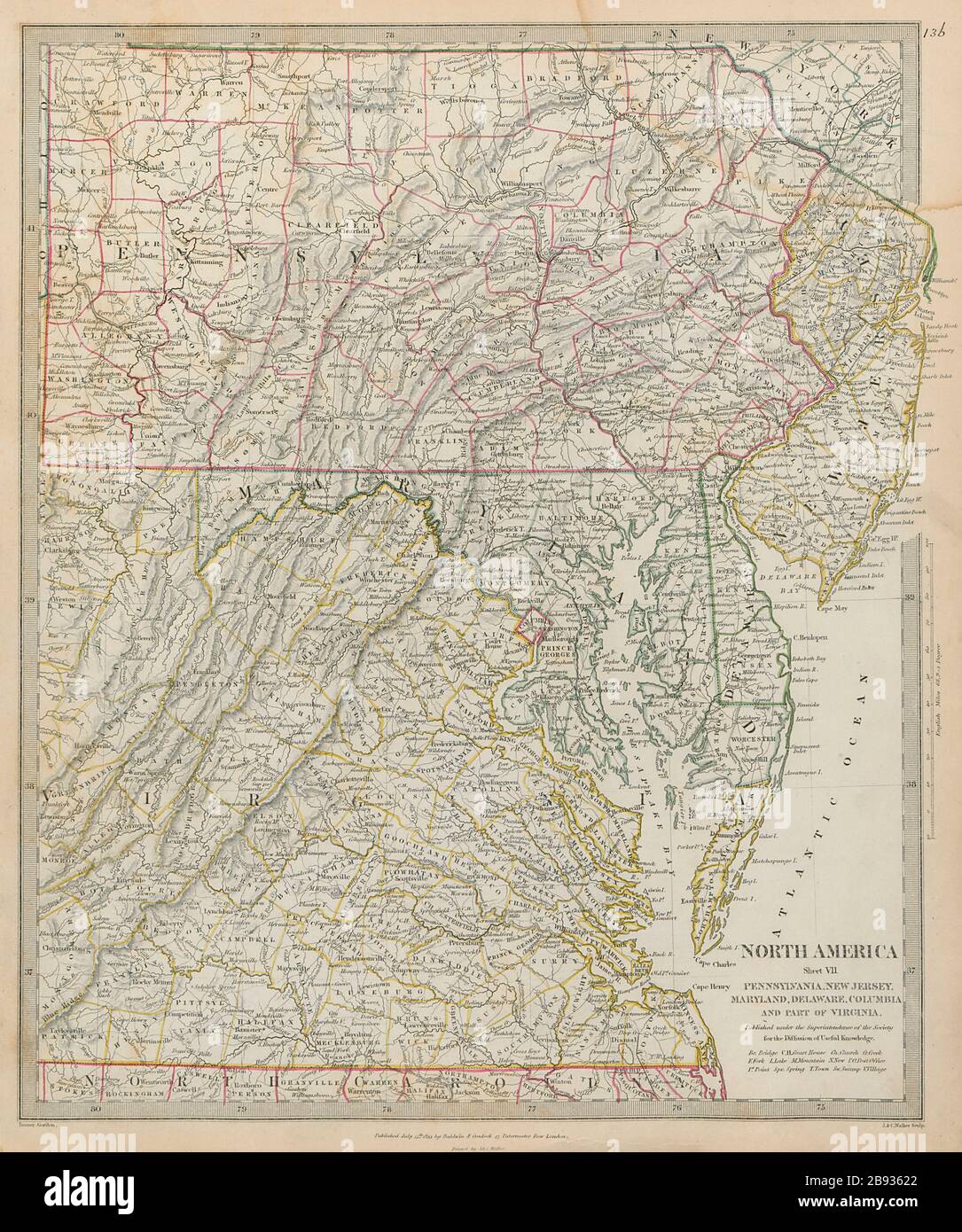 Pennsylvania New Jersey Maryland Delaware DC Virginia Appalachia. Mappa SDUK 1844 Foto Stock