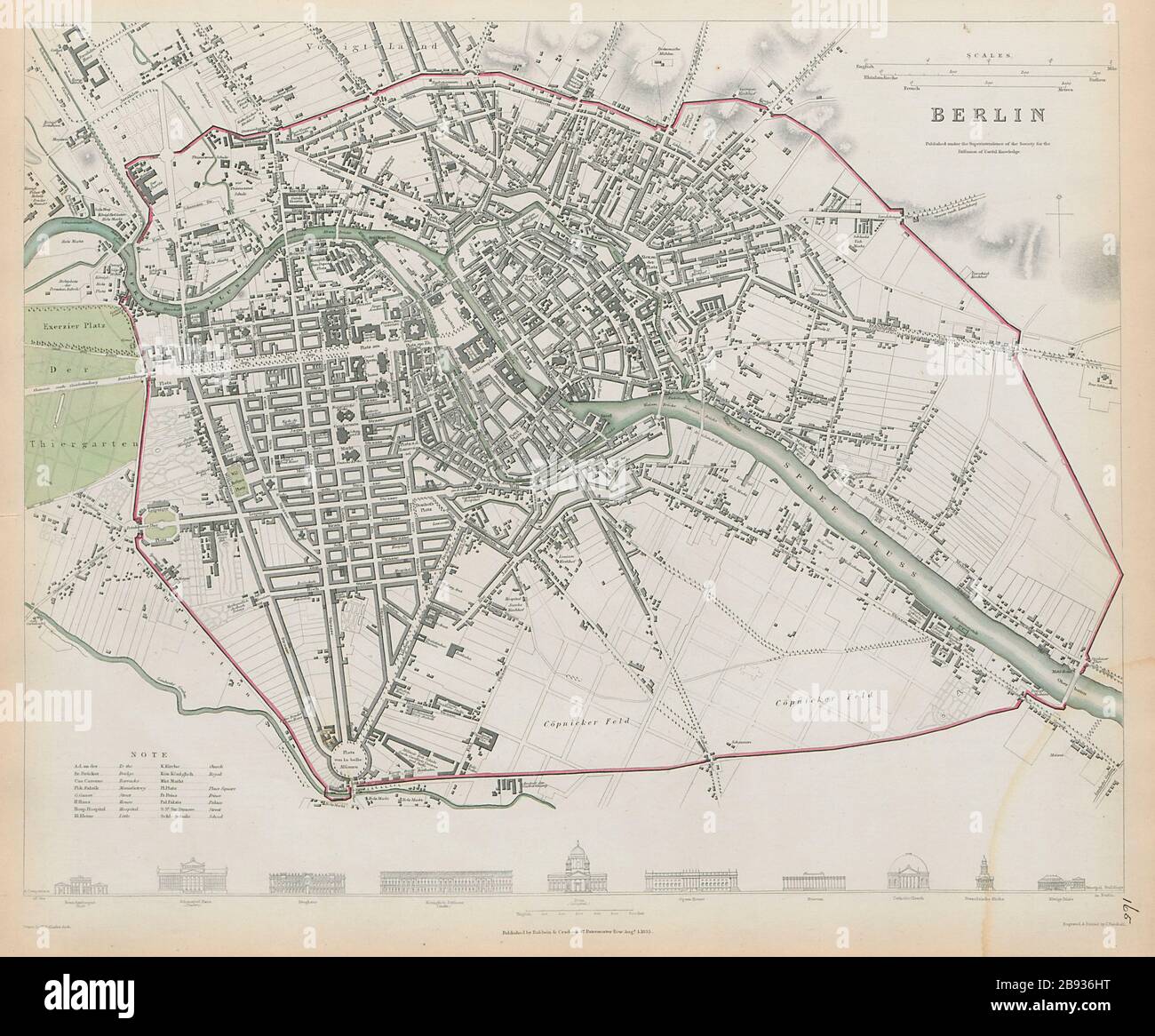 BERLINO pianta antica città città che mostra fortificazioni SDUK 1844 vecchio Foto Stock