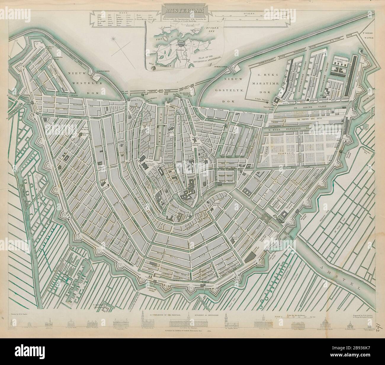 MAPPA della città DI AMSTERDAM piano della città Inset i dintorni di Amsterdam SDUK 1844 vecchi Foto Stock