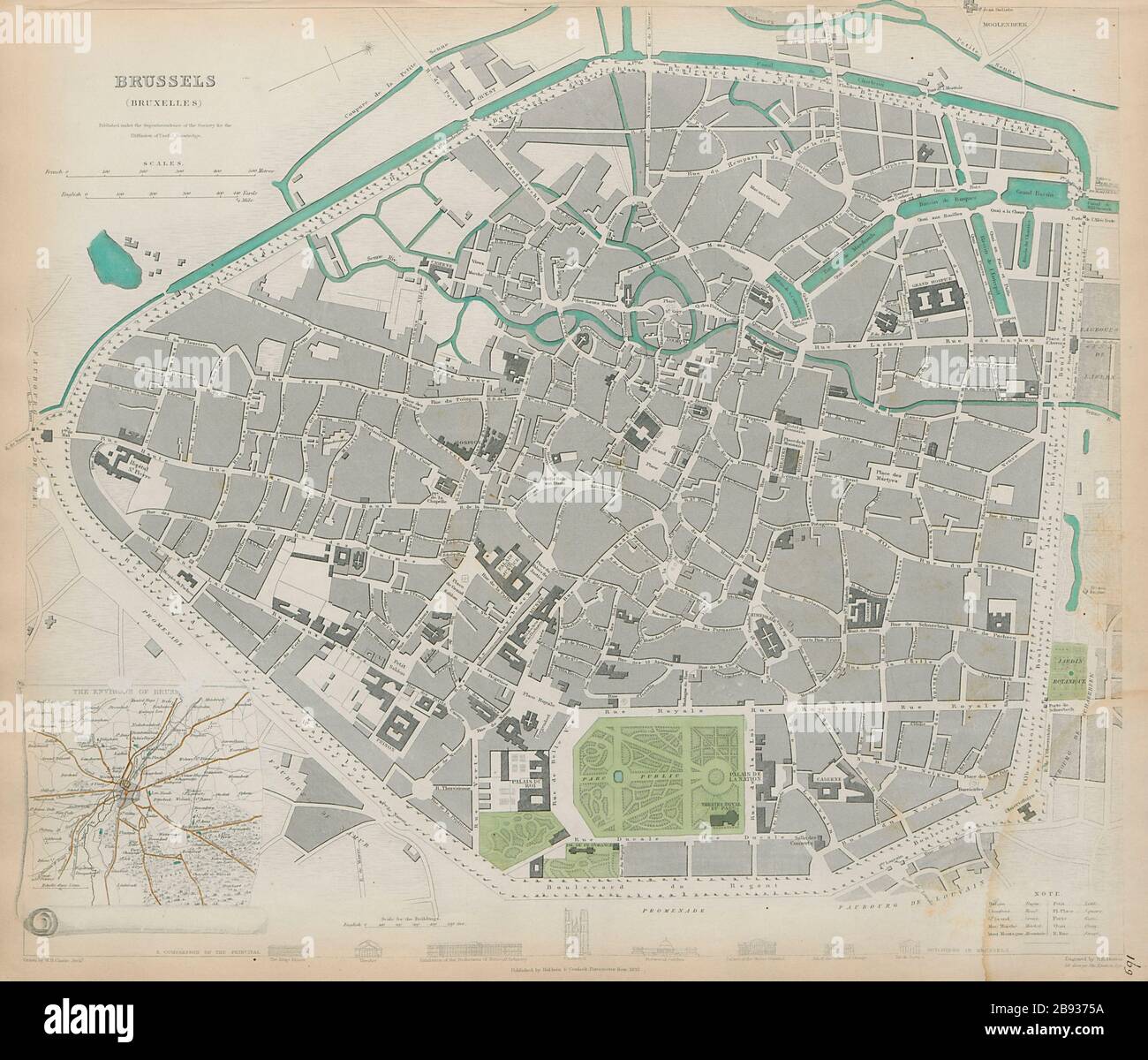 BRUXELLES BRUXELLES BRUSSEL Antique City map plan & environs SDUK 1844 Foto Stock