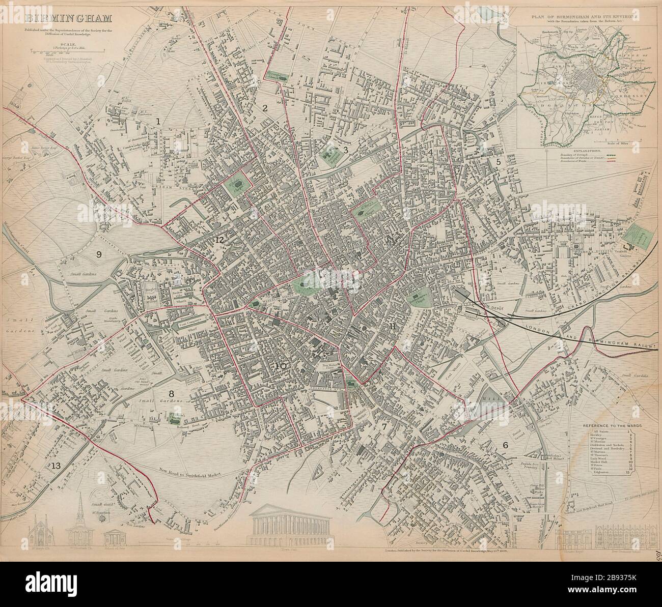 BIRMINGHAM Antique città pianta della città Inset dintorni di Birmingham SDUK 1844 Foto Stock