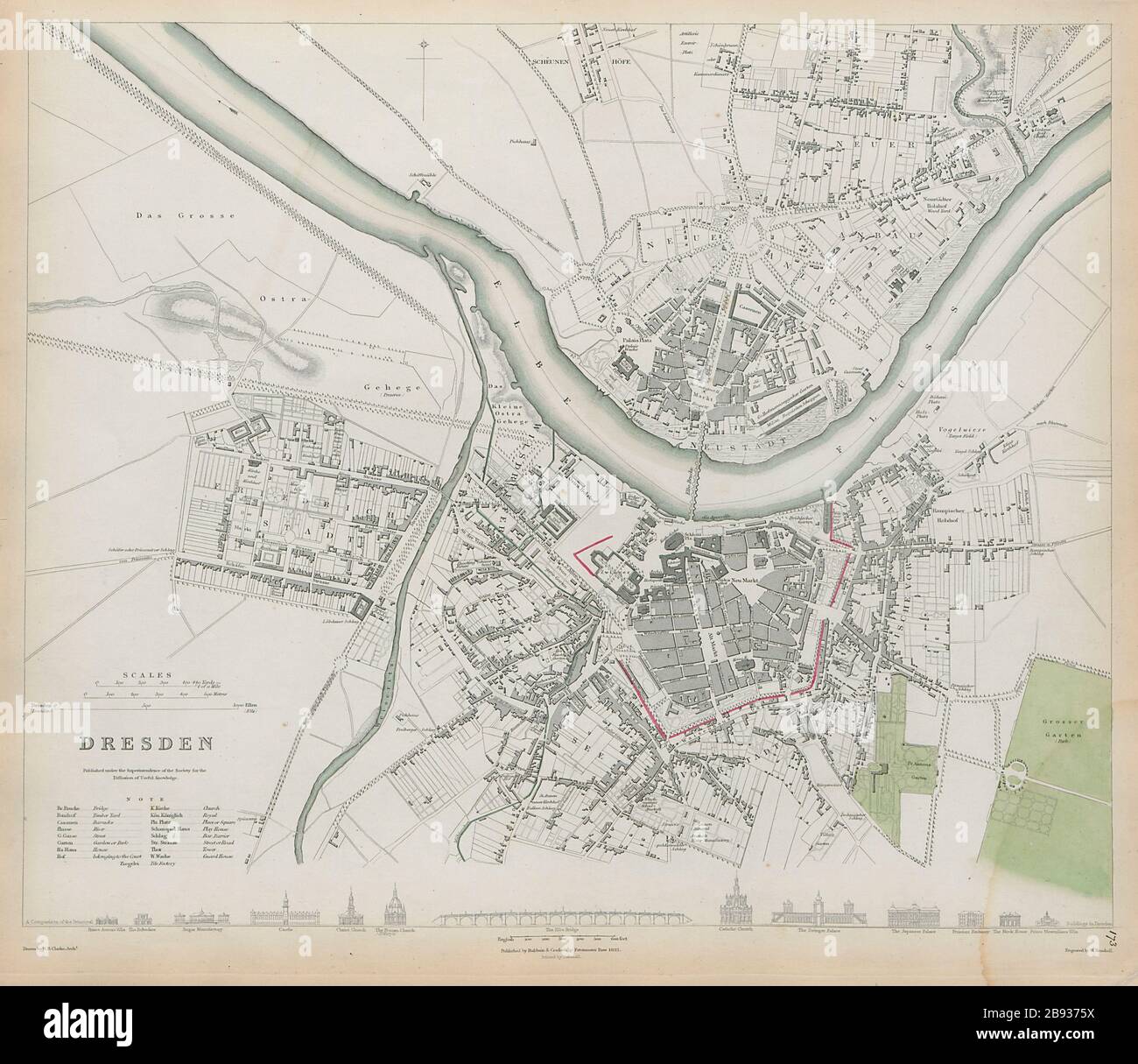 DRESDA Antique città mappa della città piano colore originale SDUK 1844 vecchio Foto Stock