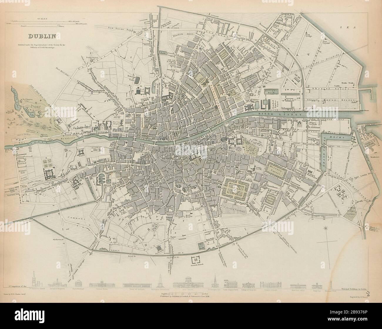 DUBLINO pianta antica della città edifici chiave profili SDUK 1844 vecchio Foto Stock