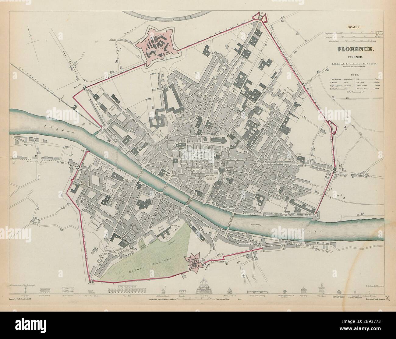FIRENZE Firenze Antique city map plan edifici chiave profili SDUK 1844 Foto Stock