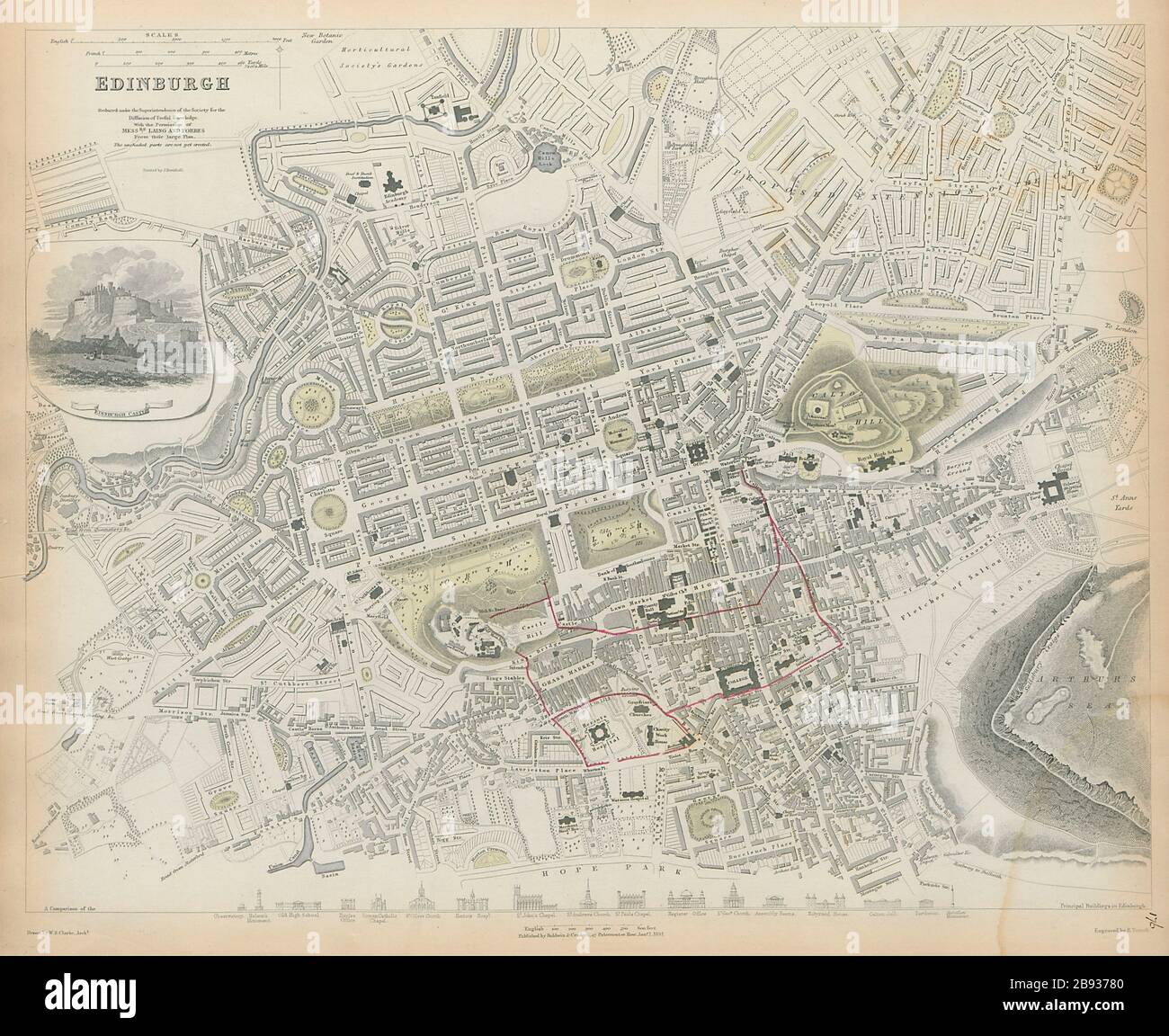 EDIMBURGO pianta antica della città edifici chiave profili SDUK 1844 vecchio Foto Stock