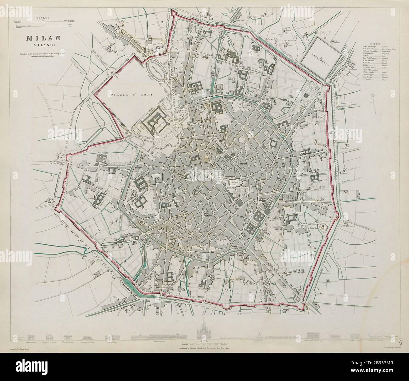 MILANO MILANO Antique pianta della città edifici principali profili SDUK 1844 Foto Stock