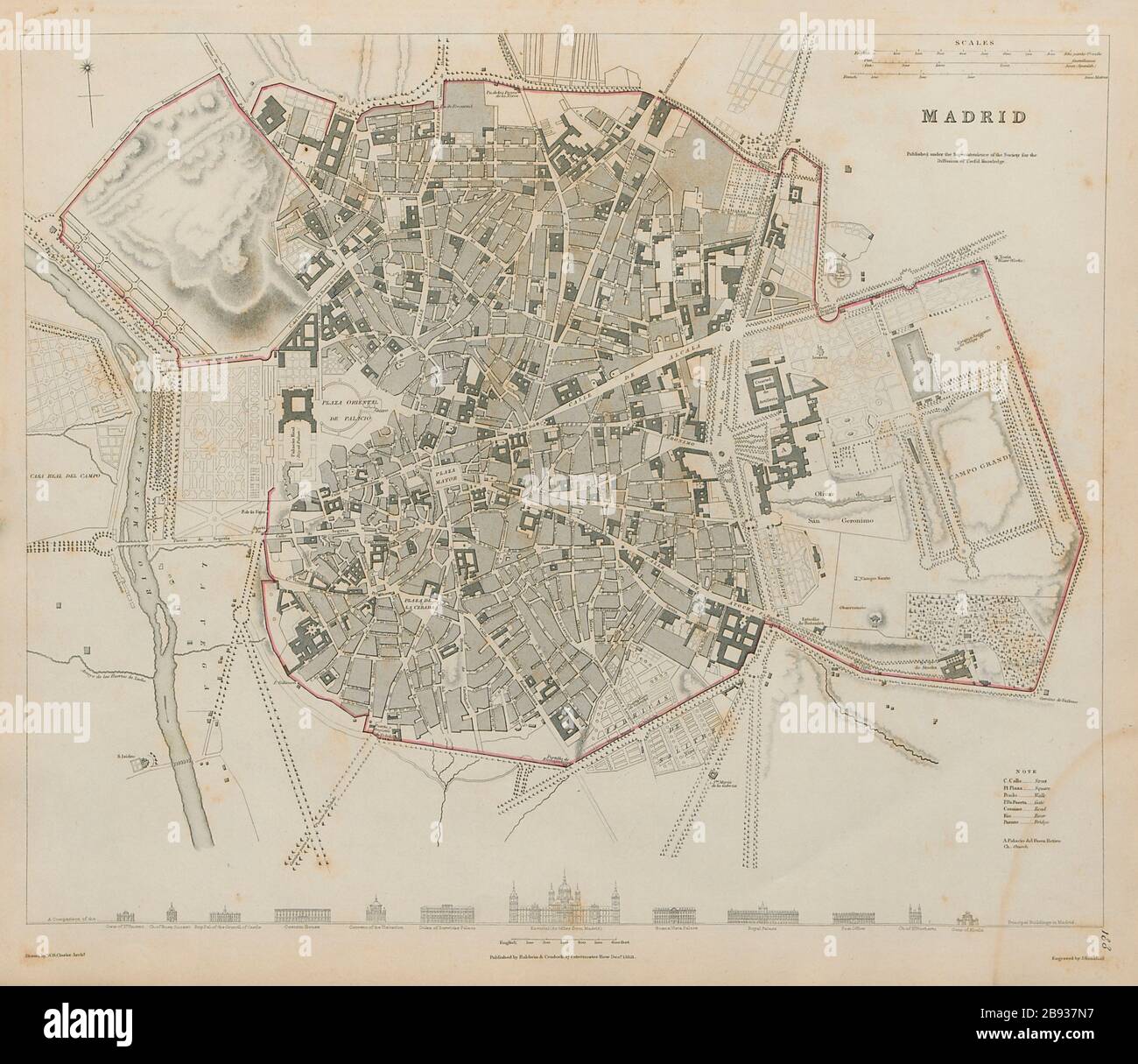 MADRID Antique mappa città pianta originale profilo colore SDUK 1844 vecchio Foto Stock