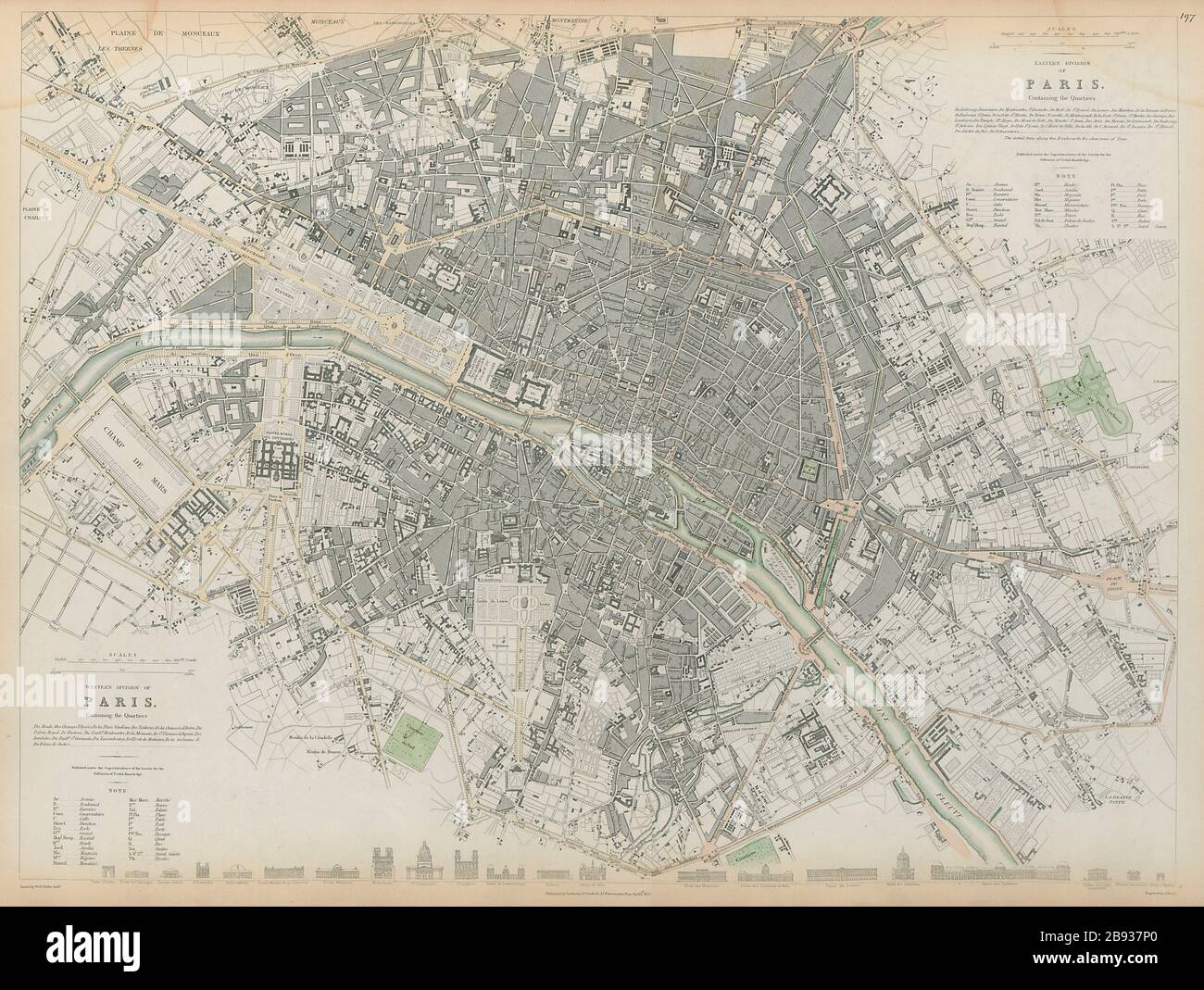 PARIGI Antique città pianta della città GRANDE 55x40cm 2 fogli congiunti. SDUK 1844 Foto Stock