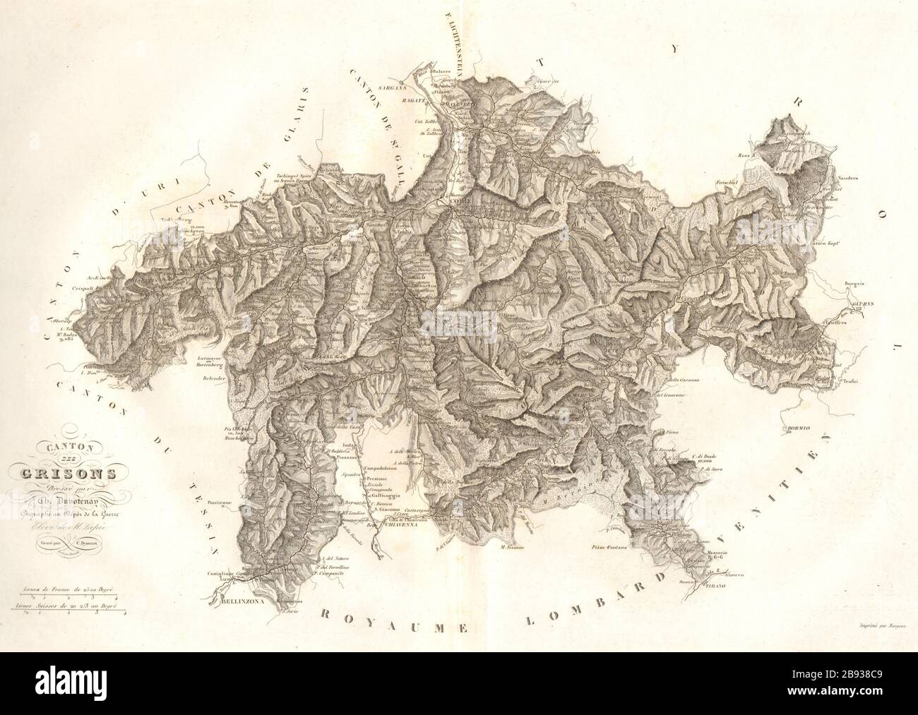 Cantone dei Grigioni. Graubünden Grigioni Grischun. Schweiz. Mappa DUVOTENAY 1837 Foto Stock