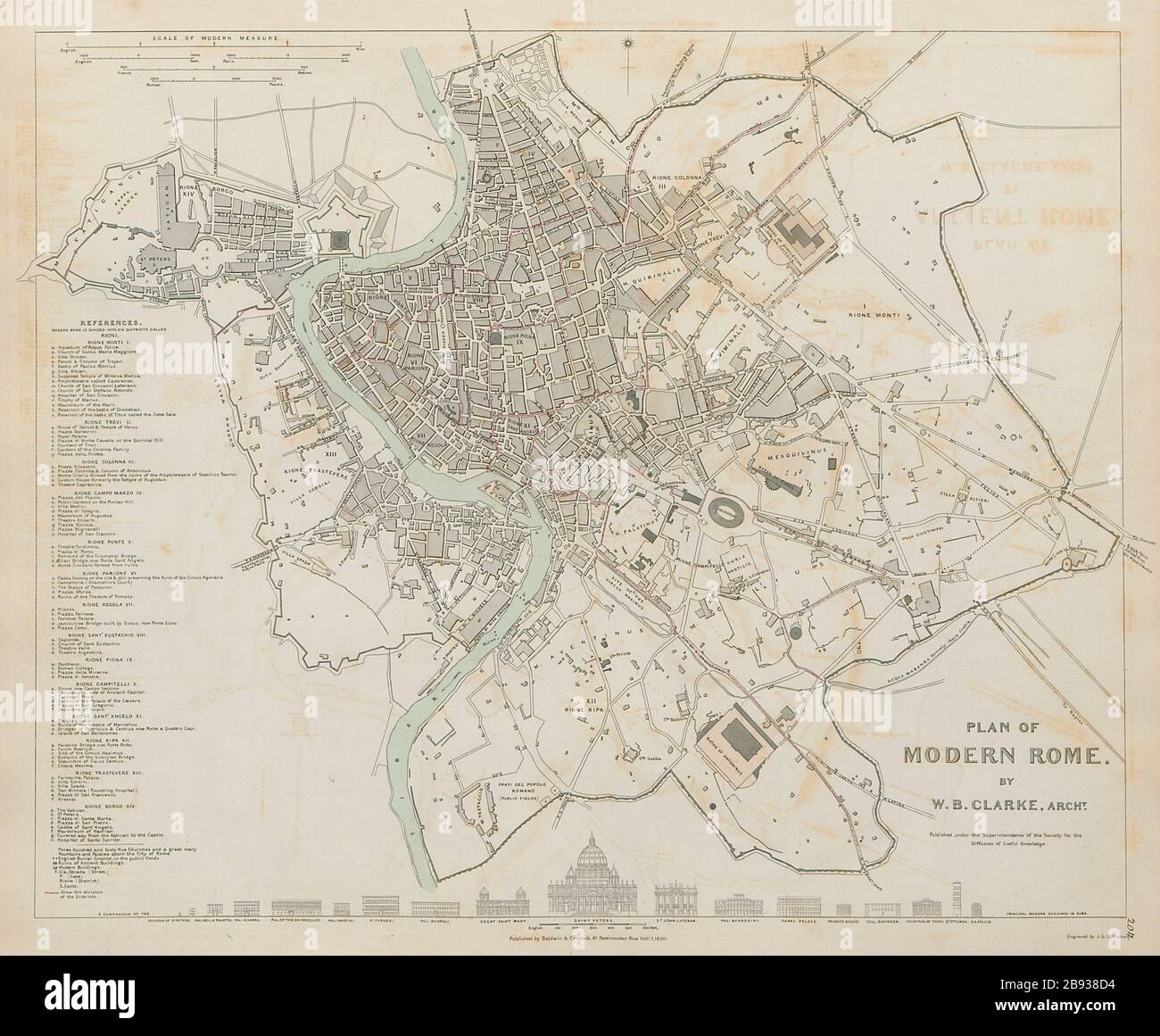 ROMA ROMA Antique mappa città pianta originale colore a mano SDUK 1844 vecchio Foto Stock