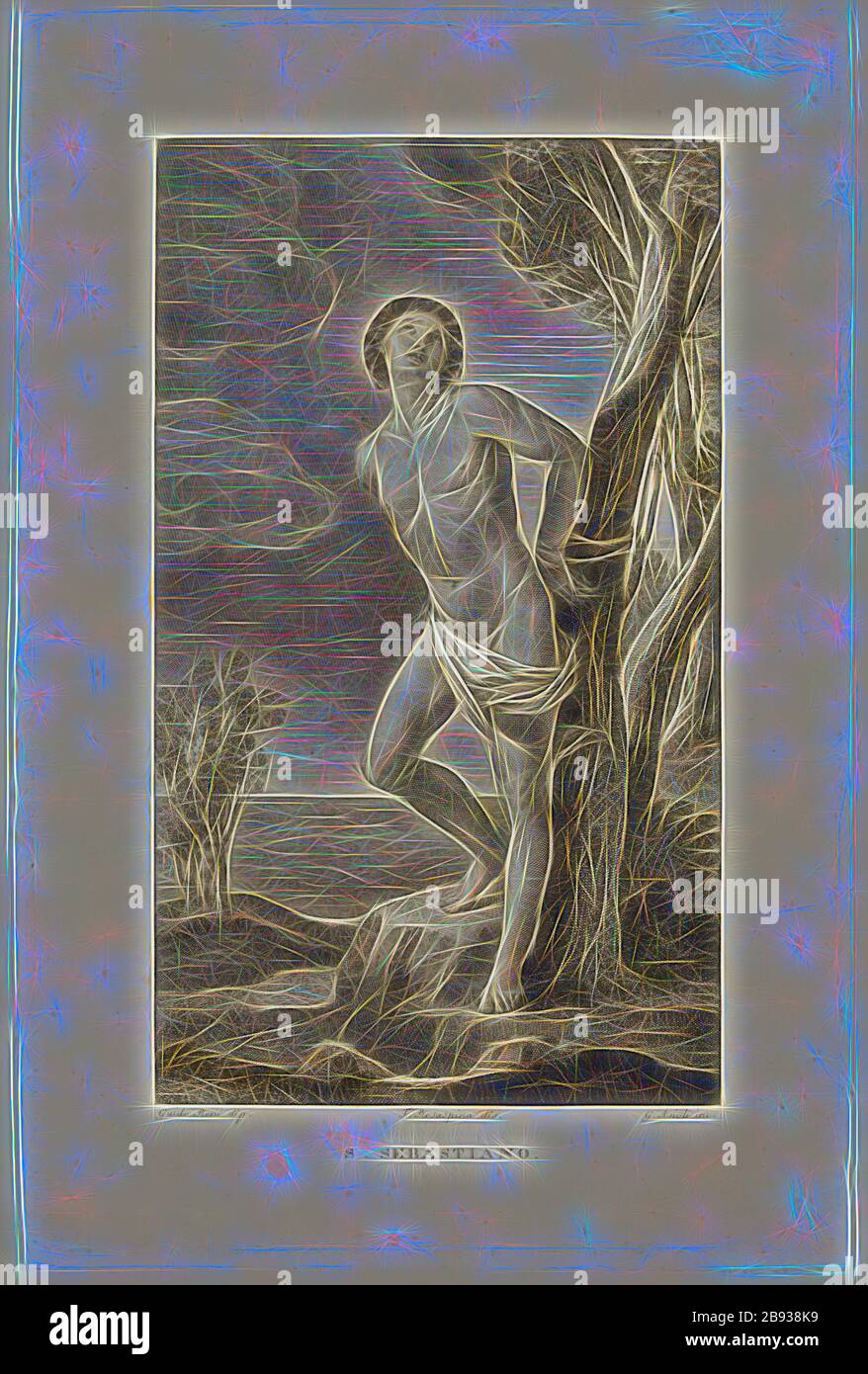 Giuseppe Asioli, Italiano, 1783-1845, dopo Guido reni, Italiano, 1575-1642, San Sebastiano, tra il 1800 e il 1845, incisione stampata in inchiostro nero su carta wove, lastra: 31,1 × × 20,3 cm, Reimagined by Gibon, disegno di calda luce luminosa e luminosa. Arte classica reinventata con un tocco moderno. La fotografia ispirata al futurismo, che abbraccia l'energia dinamica della tecnologia moderna, del movimento, della velocità e rivoluziona la cultura. Foto Stock