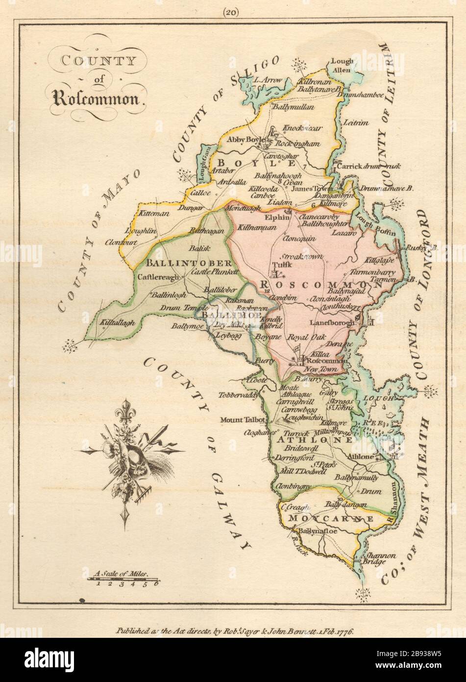 Contea di Roscommon, Connaught. Antica mappa copperplate. Scalé / Sayer 1776 Foto Stock
