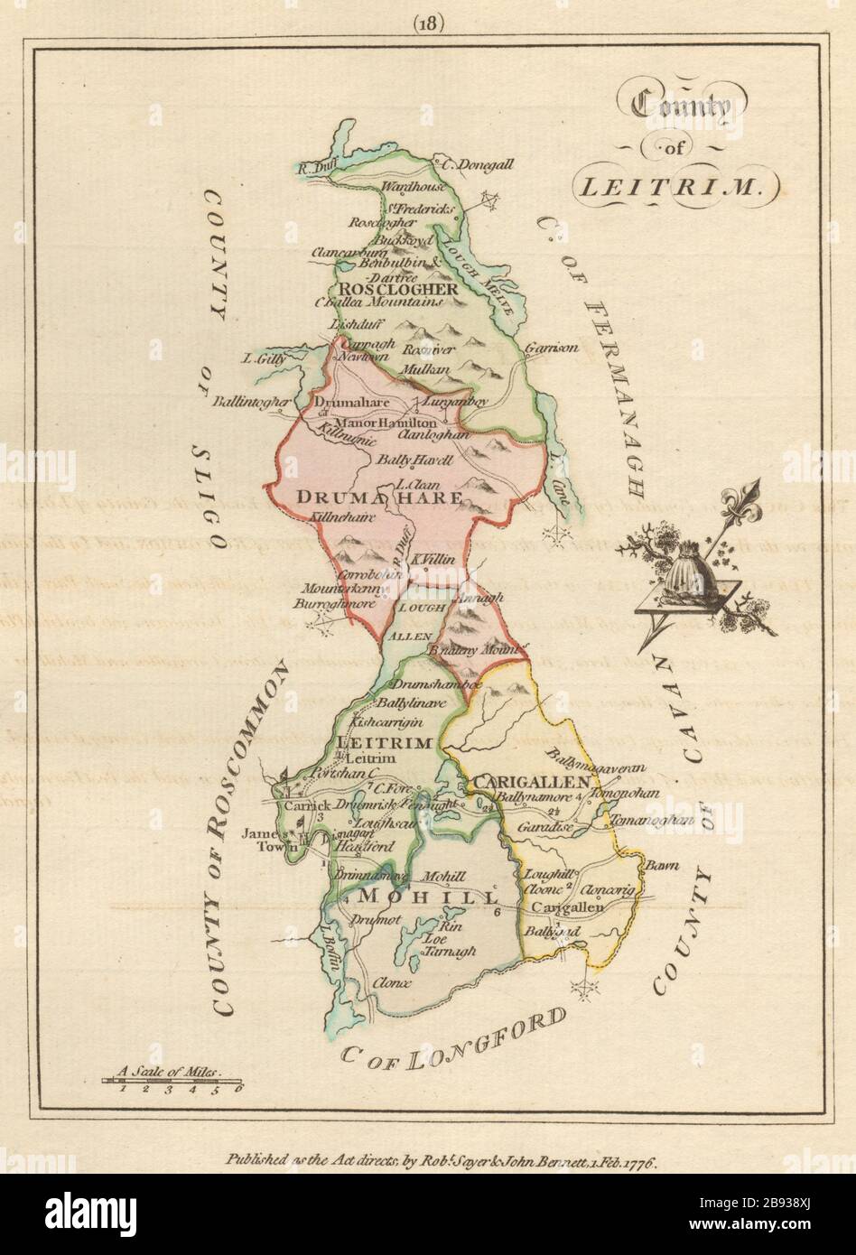 Contea di Leitrim, Connaught. Antica mappa copperplate di Scalé / Sayer 1776 Foto Stock