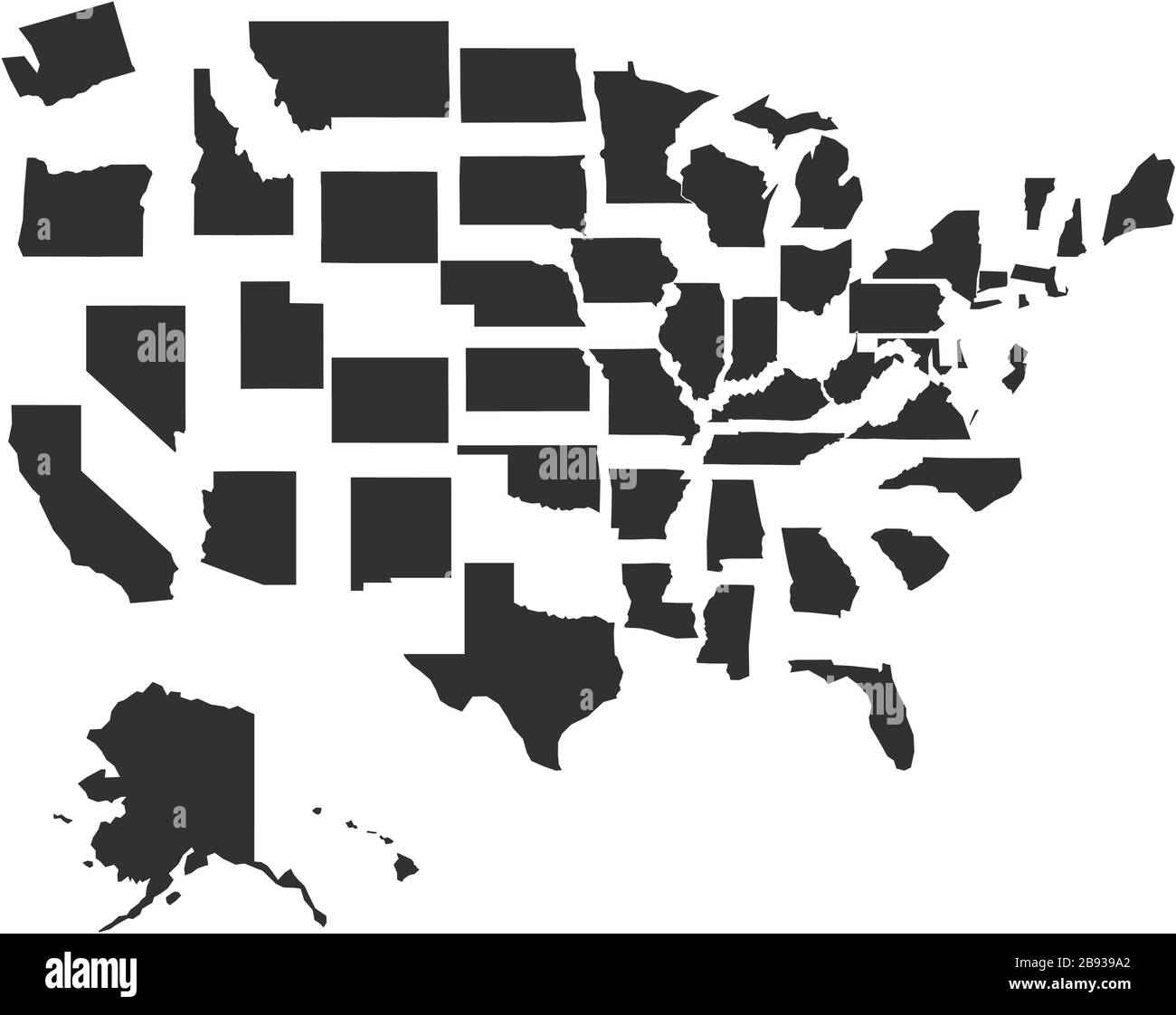 Mappa semplice degli stati uniti Bith freno giù stati come puzzle . Illustrazione vettoriale in stock isolata su sfondo bianco. Illustrazione Vettoriale