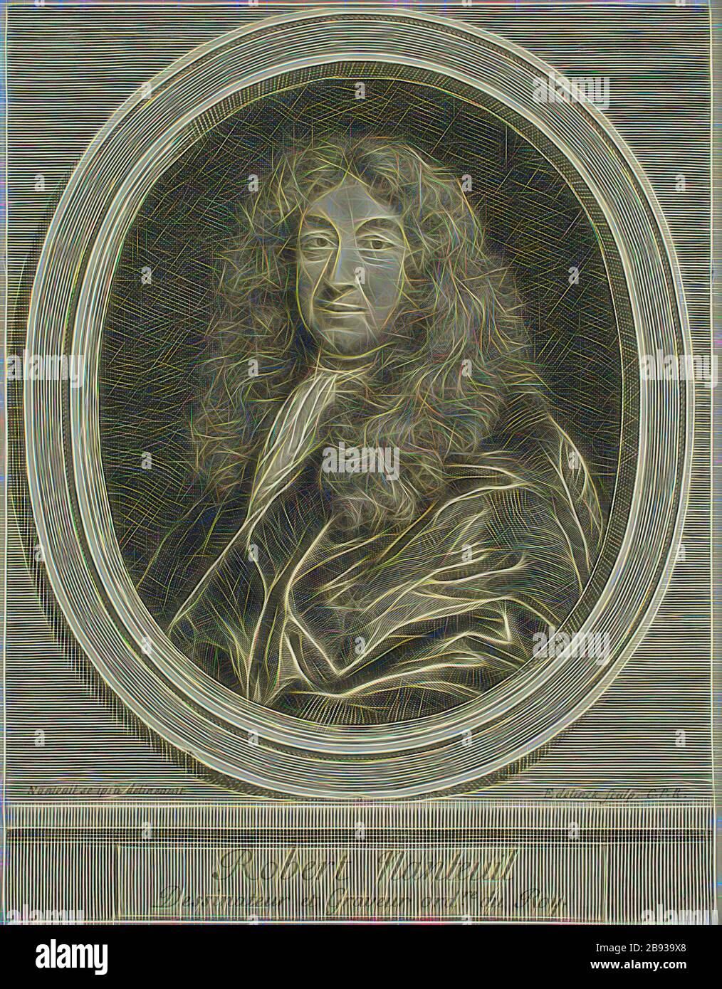 Gerard Edelinck, fiammingo, 1640-1707, dopo Robert Nanteuil, francese, 1623-1678, Robert Nanteuil, tra la fine del 17th e l'inizio del 18th secolo, incisione stampata in inchiostro nero su carta posata, piatto: 24,4 × × 19,1 cm, Reimagined by Gibon, design di luce calda e allegra di luminosità e di radianza di raggi luminosi. Arte classica reinventata con un tocco moderno. La fotografia ispirata al futurismo, che abbraccia l'energia dinamica della tecnologia moderna, del movimento, della velocità e rivoluziona la cultura. Foto Stock