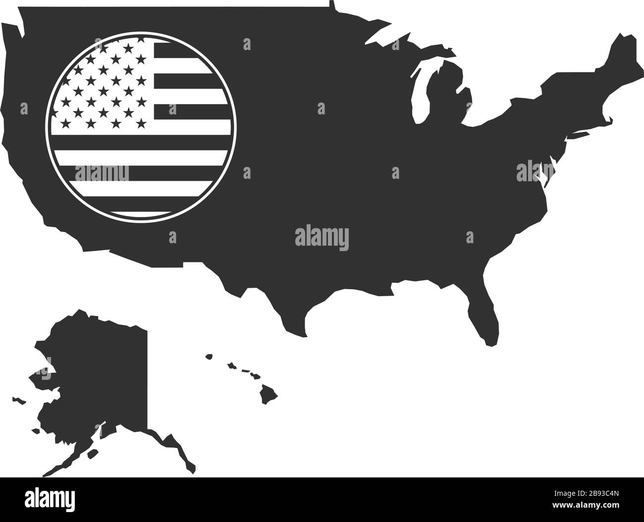 Mappa degli Stati Uniti e bandiera rotonda in colore nero. Illustrazione vettoriale in stock isolata su sfondo bianco. Illustrazione Vettoriale