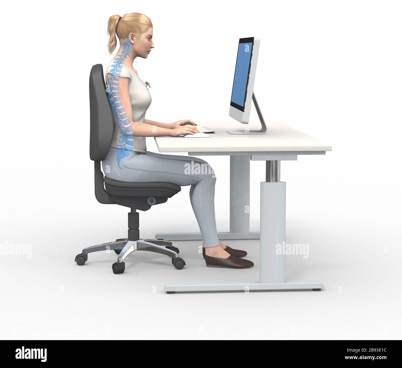 Illustrazione in 3D che mostra la donna nella posizione di seduta corretta sul luogo di lavoro con il desktop Foto Stock