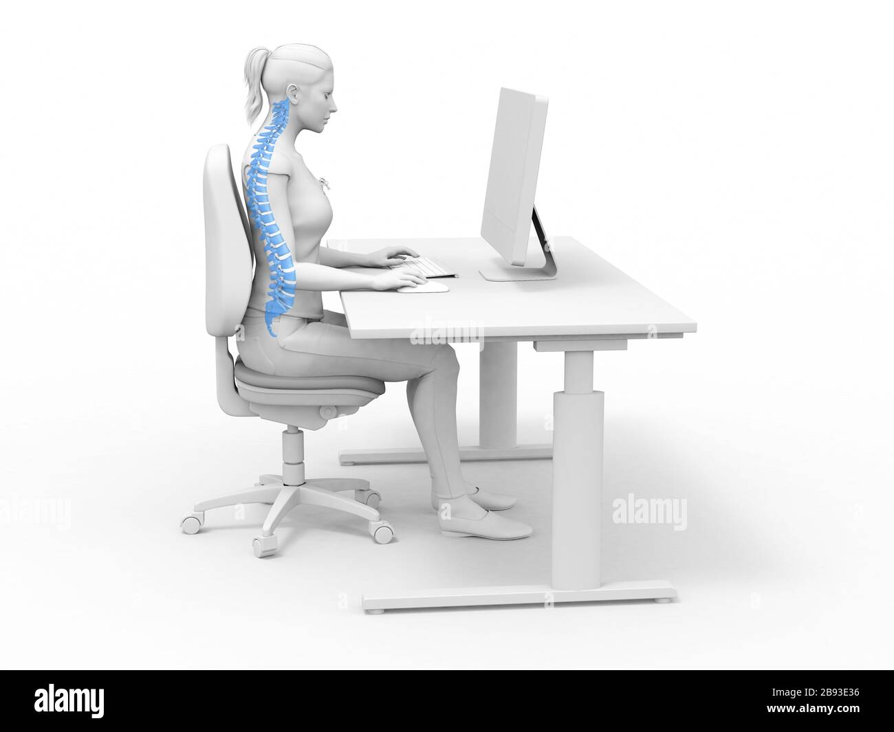 Illustrazione in 3D che mostra la donna nella posizione di seduta corretta sul luogo di lavoro con il desktop Foto Stock