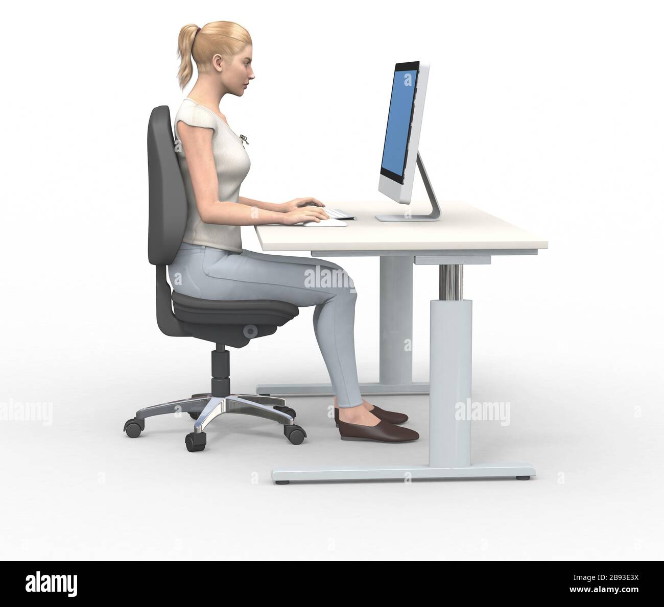 Illustrazione in 3D che mostra la donna nella posizione di seduta corretta sul luogo di lavoro con il desktop Foto Stock