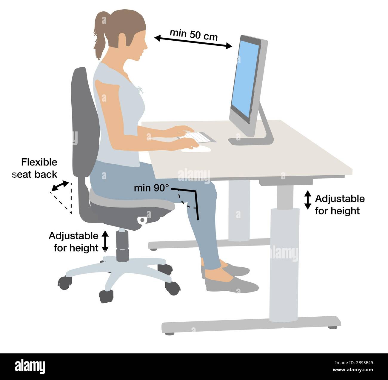 Illustrazione in 3D che mostra la donna nella posizione di seduta corretta sul luogo di lavoro con il desktop Foto Stock