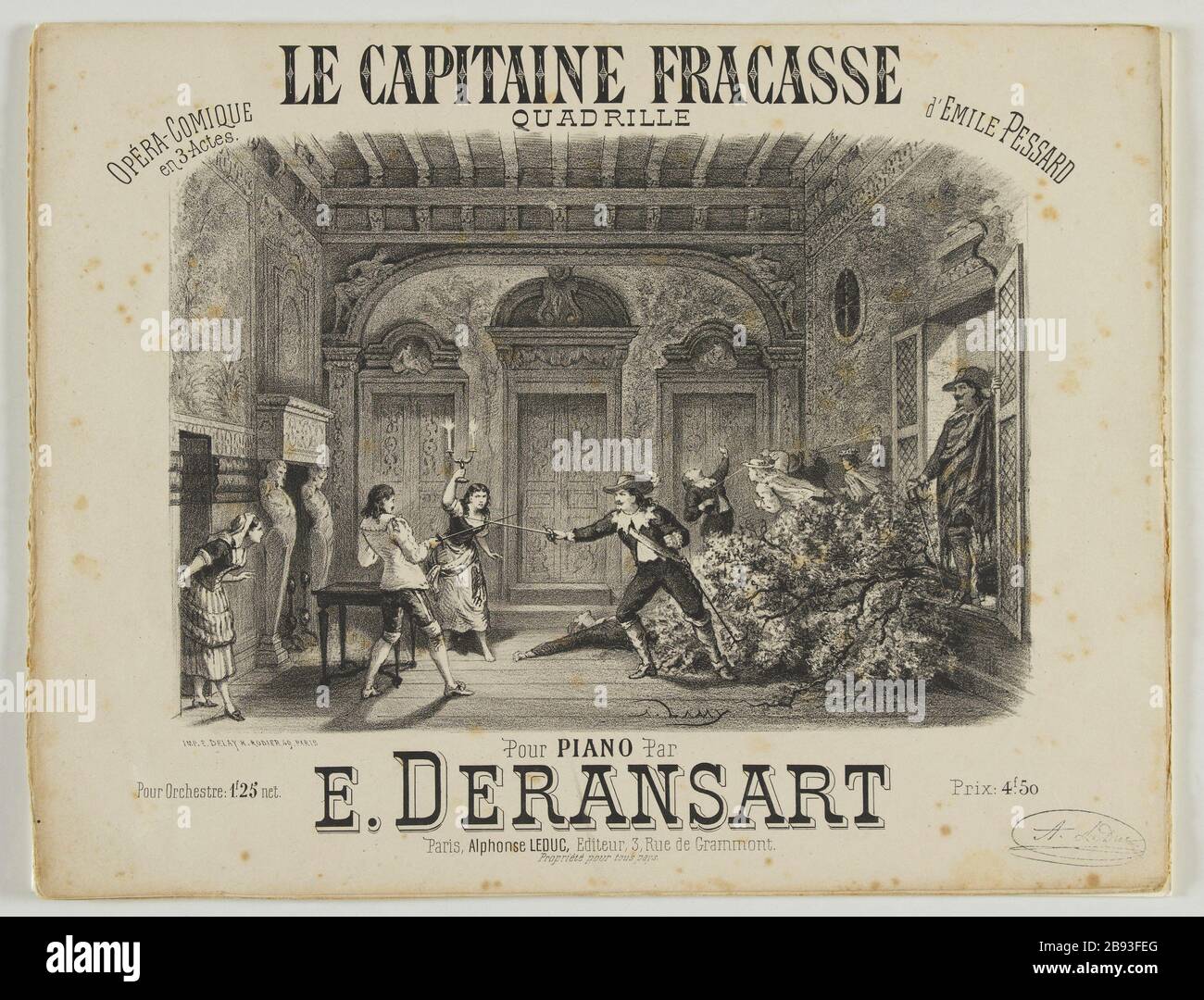 PIANOFORTE QUADRILLE PER IL CAPITANO FRACASSE E. DERANSART. Quadrille pour piano pour 'le Capitaine Fracasse' tirée du roman de cape et d'épée de Théophile Gautier. Gravure, 1878. Parigi, Maison de Balzac. Foto Stock