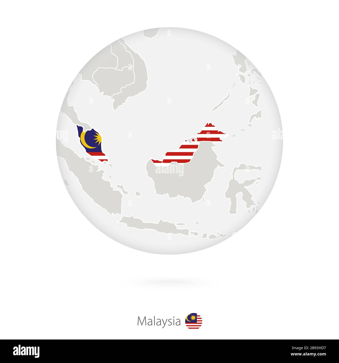 Mappa della Malesia e bandiera nazionale in un cerchio. Mappa della Malesia contorno con bandiera. Illustrazione vettoriale. Illustrazione Vettoriale