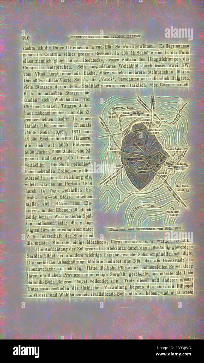 Impianto romano e rete stradale di Sofia 1871, Mappa di Sofia (Bulgaria), Fig. 68, pag. 210, 1879, F. Kanitz: Donau-Bulgarien und der Balkan: historich-geographisch-ethnographische Reisturidien aus den Jahren 1860-1879. Lipsia: Verlagsbuchhandlung von Hermann Fries, 1879-1880, Reimagined by Gibon, disegno di calore allegro di luminosità e raggi di luce radianza. Arte classica reinventata con un tocco moderno. La fotografia ispirata al futurismo, che abbraccia l'energia dinamica della tecnologia moderna, del movimento, della velocità e rivoluziona la cultura. Foto Stock