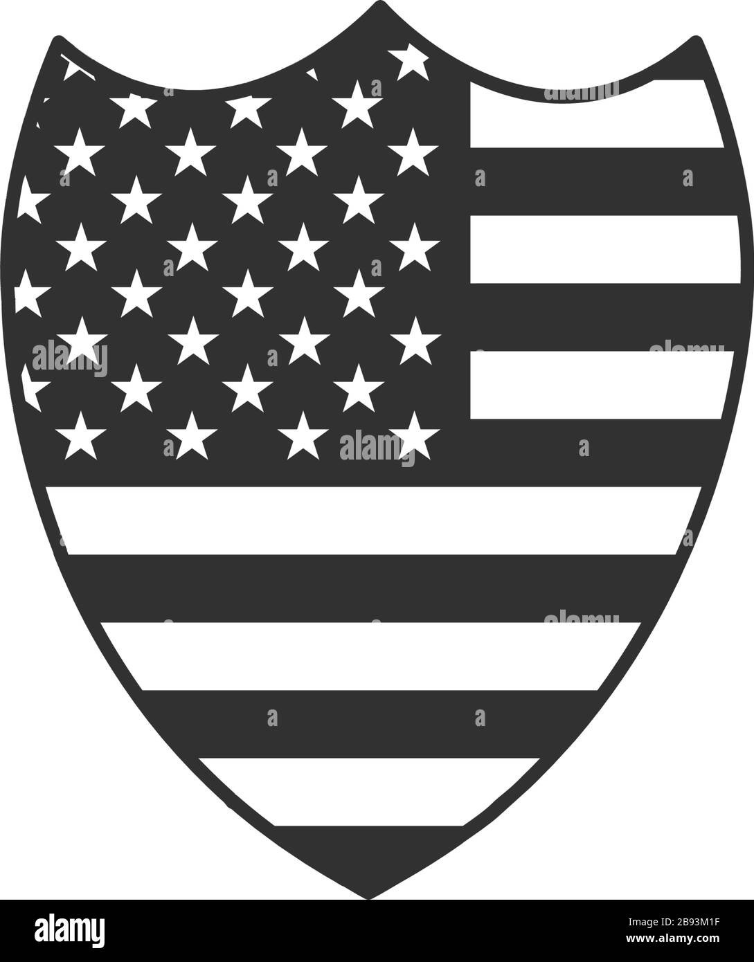Bandiera americana e emblema dello scudo nazionale delle stelle. Illustrazione vettoriale in stock isolata su sfondo bianco. Illustrazione Vettoriale