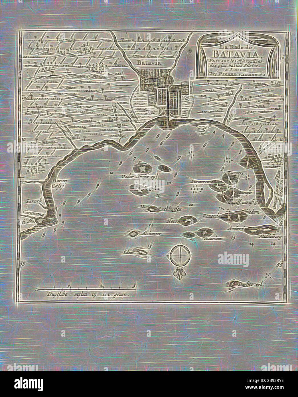 La rata di Batavia, Mappa dell'ancoraggio di Batavia dal 18 ° secolo, firmato: Faite sur les Osservazioni des più habiles Pilotes., UN LEIDE, Chez PIERRE VAN DER AA, Fig. 23, secondo p. 392, AA, Pierre van der (chez), 1727, Adam Olearius: Voyages très-curieux et très-renommez faits en Moscovie, Tartarie et Perse: Dans lequels on trouve une description curieuse & la situation exacte des Pays & etats, par où il passé [...]. Bd.1. A Amsterdam: chez Michel Charles le Céne, 1727, Reimagined by Gibon, design di calda allegra luce di luminosità e raggi di luce radianza. Arte classica Foto Stock