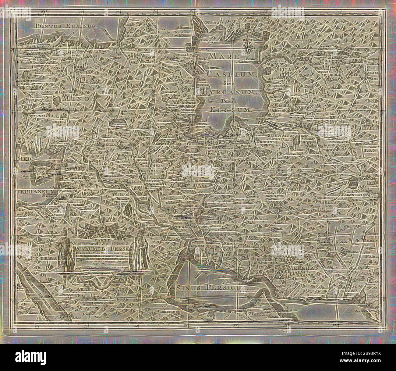 Carte la plus-nouvelle & plus exacte du royaume de Perse avec ses Côtes, Villes Maritimes, tous les pays qui en dipendente, & ses Lieux circonvoisins, Mappa del xviii secolo regno di Persia, firmato: Corrigée de nouveau et augmentée suivant les Relations les plus recentes des plus fidelles voyageurs., Publiée à LEIDE Chez PIERRE VAN DER AA, Fig. 33, dopo p. 516, Aa, Pierre vander (chez), 1727, Adam Olearius: Voyages très-curieux et très-renommez faits en Moscovie, Tartarie et Perse: dans lequels on trouve une descrizione curieuse & la situazione exacte des pays & etats, par où il a passé [... Foto Stock