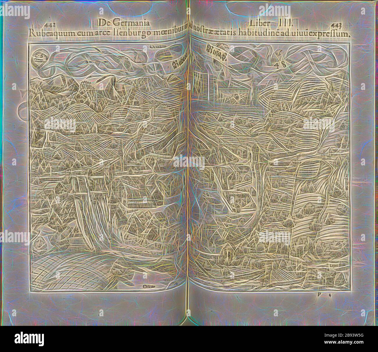 Isenburg Rubeaquum per mantenere le pareti della nostra età e condizionarle al specificato, Illustrazione di Rouffach nella regione Alsazia dal 16 ° secolo, firmato RMD, CS, Fig. 35, pp. 442 e 443, Deutsch, Hans Rudolf Manuel, Schweicker, Christoph, Deutsch, Hans Rudolf Manuel, 1548, Sebastian Münster: Cosmographiae universalis lib. Vi. In quibus, iuxta certioris fidei scriptorum traditionem desribuntur, Omniu[m] habitabilis orbis partiu[m] situs [...] Omnium gentium mores, leges, religioso, res gestae, mutationes [...]. [Basilea]: [Petri], [1552], Reimagined by Gibon, design di calda allegra luce Foto Stock