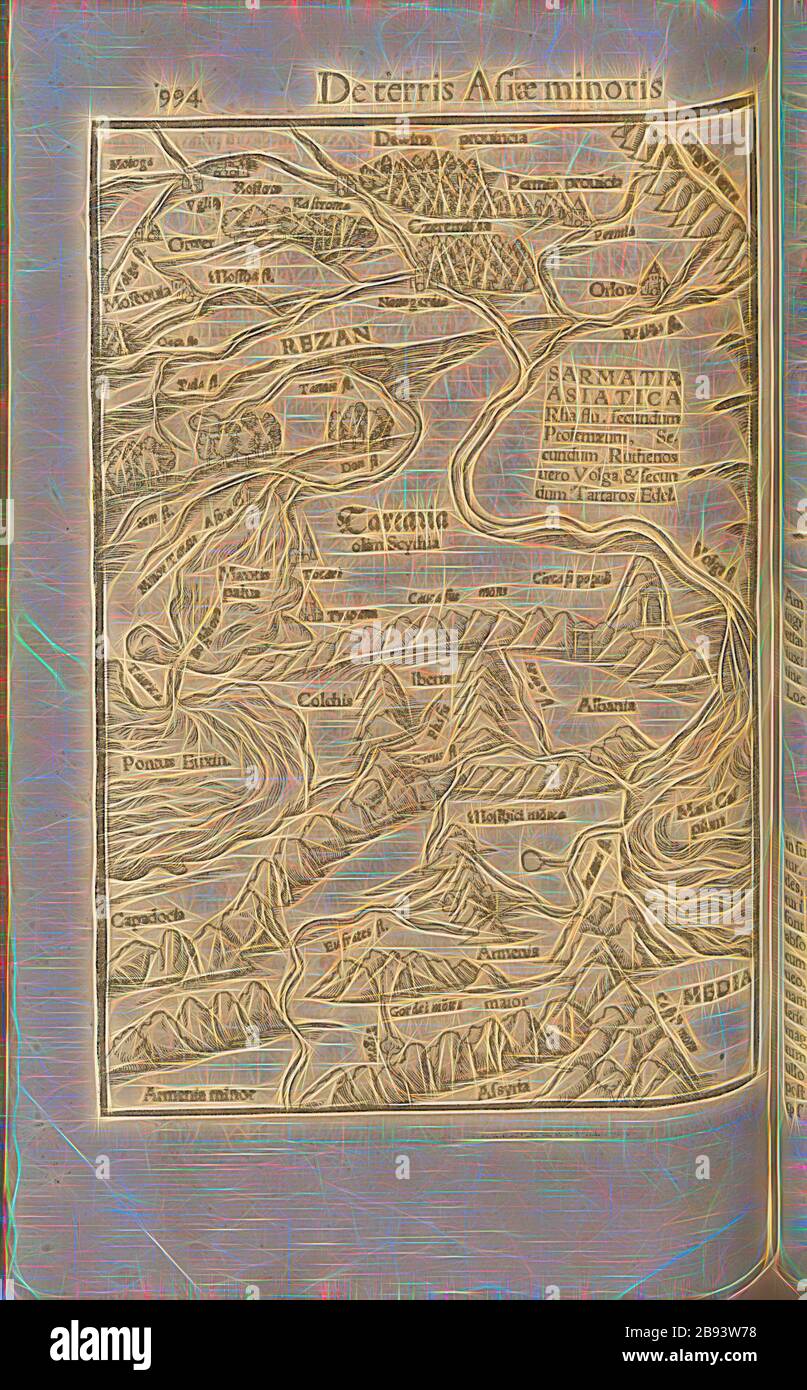 Tartario, Mappa della zona intorno alle montagne del Caucaso dal 16 ° secolo, Fig. 66, p. 994, 1552, Sebastian Münster: Cosmographiae universalis lib. Vi. In quibus, iuxta certioris fidei scriptorum traditionem desribuntur, Omniu[m] habitabilis orbis partiu[m] situs [...] Omnium gentium mores, leges, religioso, res gestae, mutationes [...]. Liber quintus. [Basilea]: [Petri], [1552], Reimagined by Gibon, design di calda e allegra luce incandescente e raggi di luce radianti. Arte classica reinventata con un tocco moderno. Fotografia ispirata al futurismo, che abbraccia l'energia dinamica della tecnologia moderna, Foto Stock