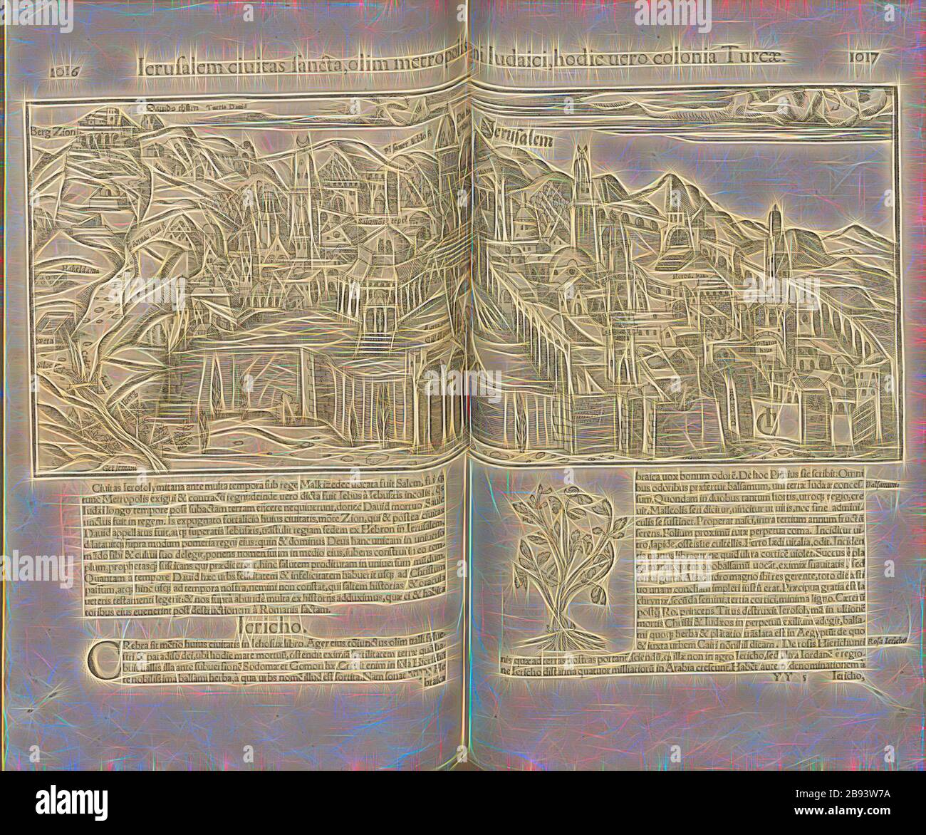 Gerusalemme, città fancta, una ex metropoli del popolo ebraico oggi può WSpace, illustrazione di Gerusalemme dal 16 ° secolo, firmato: Ci, Fig. 68, pp. 1016-1017, 1552, Sebastian Münster: Cosmographiae universalis lib. Vi. In quibus, iuxta certioris fidei scriptorum traditionem desribuntur, Omniu[m] habitabilis orbis partiu[m] situs [...] Omnium gentium mores, leges, religioso, res gestae, mutationes [...]. Liber quintus. [Basilea]: [Petri], [1552], Reimagined by Gibon, design di calda e allegra luce incandescente e raggi di luce radianti. Arte classica reinventata con un tocco moderno. Fotogra Foto Stock