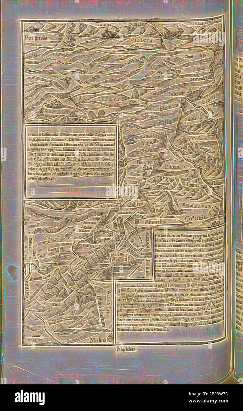 medio Oriente, Mappa del Medio Oriente dal 16 ° secolo, firmato RMD, Fig. 67, dopo p. 1001, Deutsch, Hans Rudolf Manuel, 1552, Sebastian Münster: Cosmographiae universalis lib. Vi. In quibus, iuxta certioris fidei scriptorum traditionem desribuntur, Omniu[m] habitabilis orbis partiu[m] situs [...] Omnium gentium mores, leges, religioso, res gestae, mutationes [...]. Liber quintus. [Basilea]: [Petri], [1552], Reimagined by Gibon, design di calda e allegra luce incandescente e raggi di luce radianti. Arte classica reinventata con un tocco moderno. Fotografia ispirata al futurismo, che abbraccia la dinamica Foto Stock
