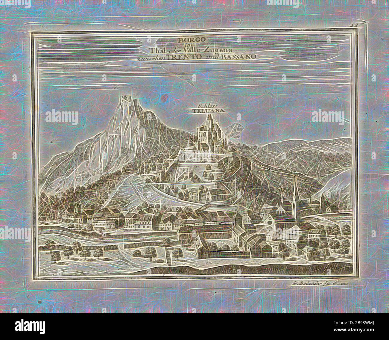 Borgo della valle o Valle Zugana tra Trento e Bassano, Borgo Valsugana con Castel Telvana nella provincia del Trentino, firmato: G. Bodenehr fec., et exc.,., v. La piastra 18, p. 18, Bodenehr, Gabriel d. Ä (fec. et ecc.), 1710, Gabriel Bodenehr: Europens Pracht und Macht in 200 Kupfer-Stücken: worinnen nicht nur allein die berühmtest und ansehnlichste, sondern auch andere Stätte, Festungen, Schlösser, Klöster, Pässe, Residentien, Palläste, Wasserfälle dises volckreichen Welttheils vermittelst anmuthiger und eigentlicher Prospecte, sambt kurzer geographischer Beschreibung zu sonderm Nuzen Foto Stock