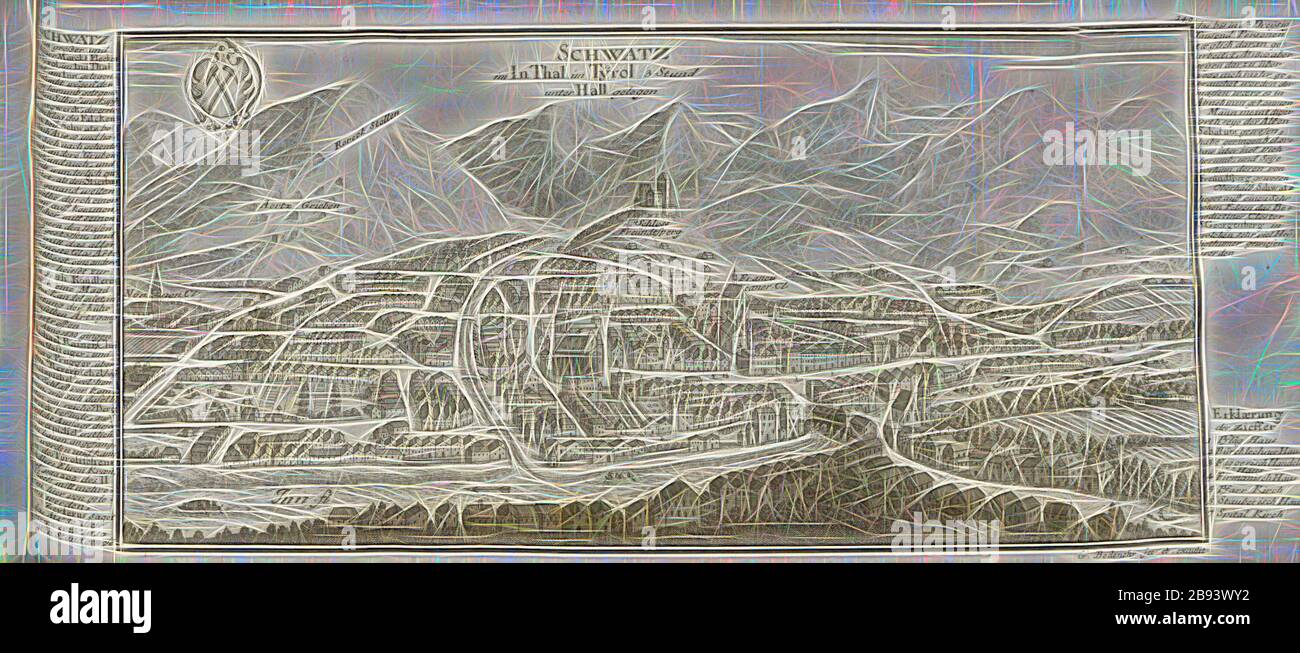 Schwatz In im Thal in Tirolo 3 ore al di sotto di Hall, Schwaz e Schloss Freundsberg in Tirolo, firmato: G. Bodenehr fec., et exc.,., v, pl. 149, dopo p. 51, Bodenehr, Gabriel d. Ä (fec. et ecc.), 1710, Gabriel Bodenehr: Europens Pracht und Macht in 200 Kupfer-Stücken: worinnen nicht nur allein die berühmtest und ansehnlichste, sondern auch andere Stätte, Festungen, Schlösser, Klöster, Pässe, Residentien, Palläste, Wasserfälle dises volckreichen Welttheils vermittelst anmuthiger und eigentlicher Prospecte, sambt kurzer geographischer Beschreibung zu sonderm Nuzen u. Gemüth vergnügender Ergözung vor Foto Stock