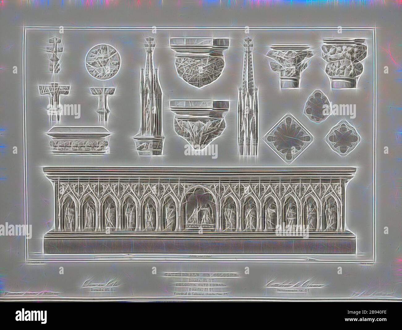 Cattedrale di Colonia. Dettagli Pl. 3., ornamenti della Cattedrale di Colonia, firmato: J. Jourdan del, Bury sculp, Pl., 44, Jourdan, Jean Marie (del.), Bury, Jean Baptiste Marie (sc.), 1853, Jules Gailhabaud: Monuments anciens et modernes: Collection formant une histoire de l'architecture des diférents peuples à toutes les époques. Parigi: Librairie de Firmin Didot frères, 1853, Reimagined by Gibon, design di calda allegra luce di luminosità e raggi di luce radianza. Arte classica reinventata con un tocco moderno. Fotografia ispirata al futurismo, abbracciando l'energia dinamica della tecnologia moderna, del movimento, Foto Stock