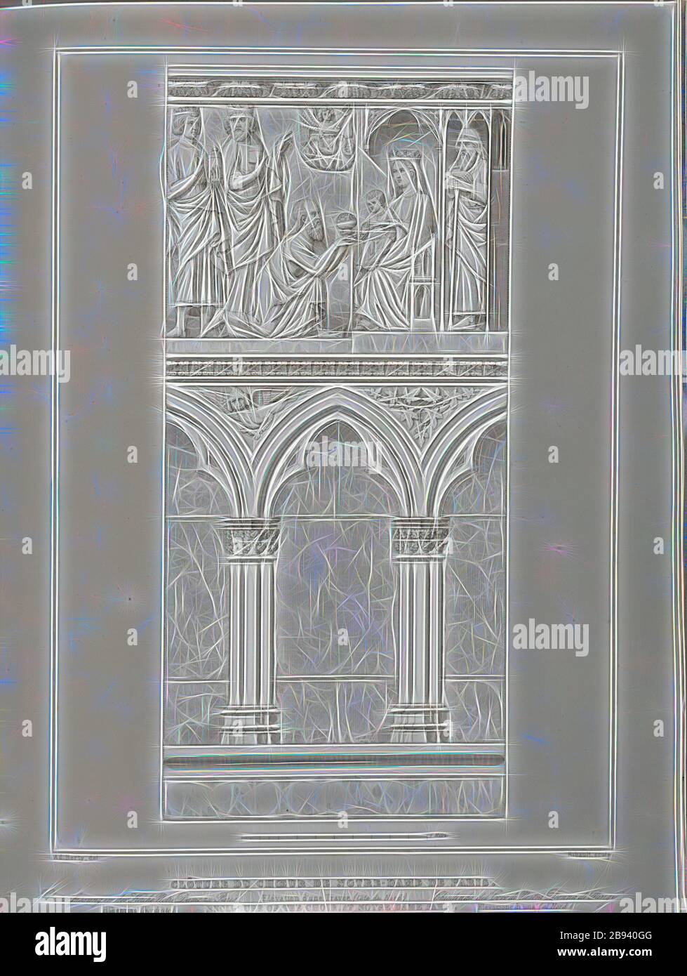 Chiusura del coro di Notre-Dame de Paris. Elevazione di una passeggiata laterale nord, giogo nella Cattedrale di Notre Dame, firmato: Ad., Berty del, Ribault sc, Pl., 67, Berty, Adolphe (del.), Ribault (sc.), 1853, Jules Gailhabaud: Monumenti antichi e moderni: Collezione formant une histoire de l'architecture des diférents peuples à toutes époques. Parigi: Librairie de Firmin Didot frères, 1853, Reimagined by Gibon, design di calda allegra luce di luminosità e raggi di luce radianza. Arte classica reinventata con un tocco moderno. Fotografia ispirata al futurismo, che abbraccia l'energia dinamica del tecnolo moderno Foto Stock