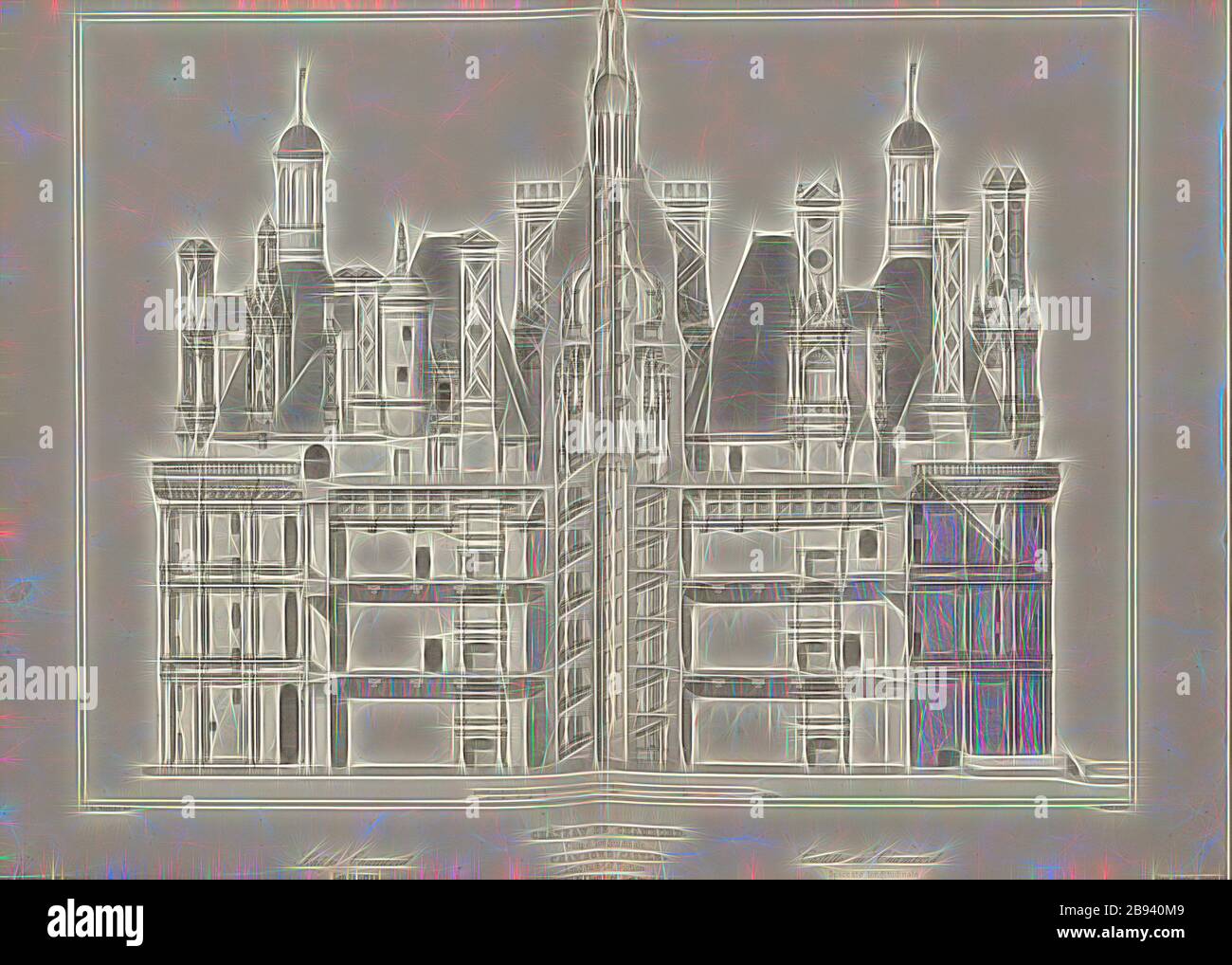 Castello di Chambord. Sezione longitudinale del Castello di Chambord nella Valle della Loira, segno: De Mérindol del, Bury sculp, Fig. 42, p. 200, Merindol, Jules Charles Joseph de (del.), Bury, Jean Baptiste Marie (sc.), 1853, Jules Gailhabaud: Monuments anciens et modernes: Collection formant une histoire de l'architecture des diffrents peuples à toutes les époques. Parigi: Librairie de Firmin Didot frères, 1853, Reimagined by Gibon, design di calda allegra luce di luminosità e raggi di luce radianza. Arte classica reinventata con un tocco moderno. Fotografia ispirata al futurismo, embr Foto Stock
