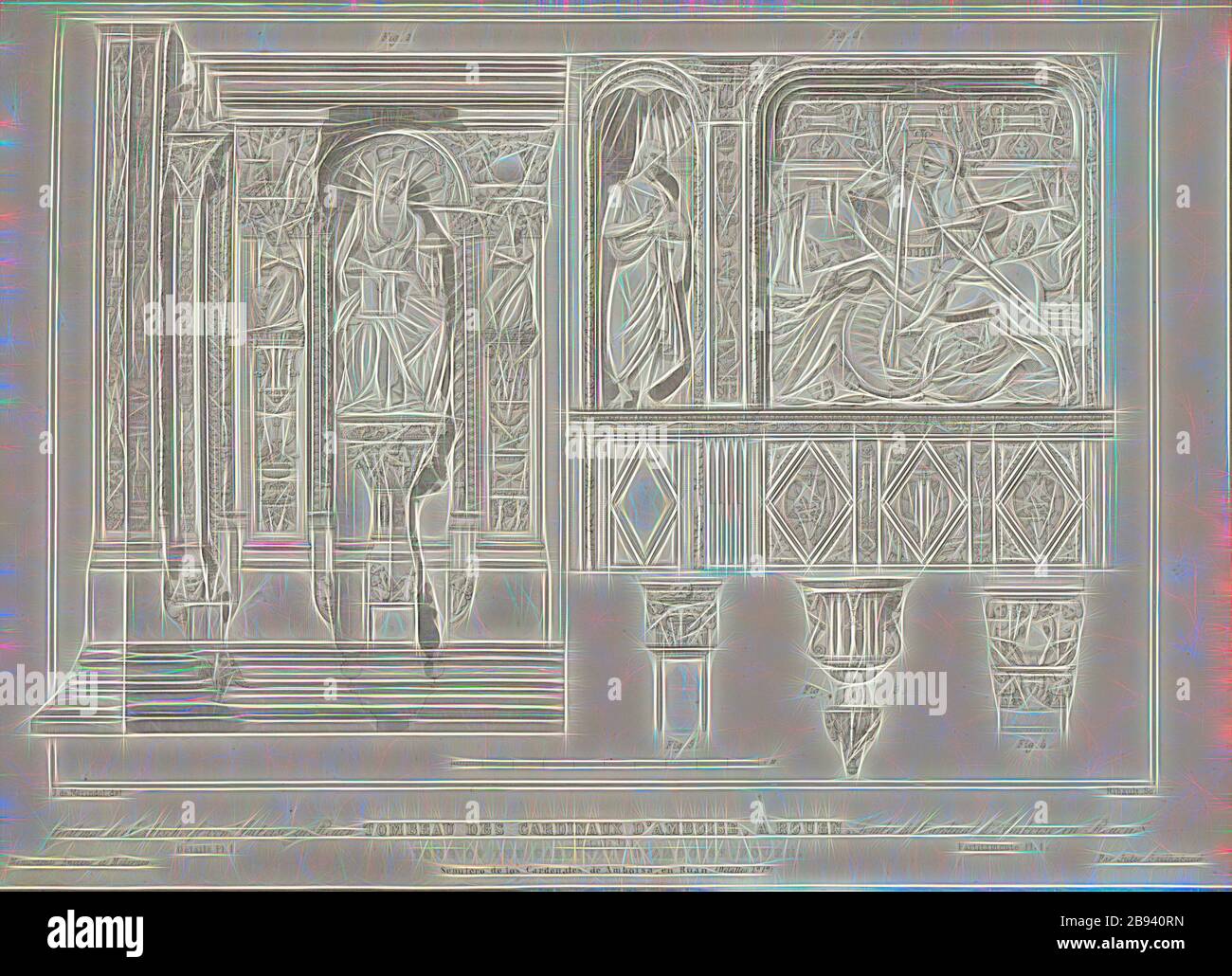 Tomba dei Cardinali di Amboise, Rouen. Dettagli Pl. 1, Tomba nella Cattedrale Rouen, firmato: J. de Mérindol del, Ribault sc, Fig. 52, p. 228, Merindol, Jules Charles Joseph de (del.), Ribault, Auguste Louis François (sc.), 1853, Jules Gailhabaud: Monuments anciens et modernes: Collection formant une histoire de l'architecture des diférents peuples à toutes les époques. Parigi: Librairie de Firmin Didot frères, 1853, Reimagined by Gibon, design di calda allegra luce di luminosità e raggi di luce radianza. Arte classica reinventata con un tocco moderno. Fotografia ispirata al futurismo, abbracciando Foto Stock